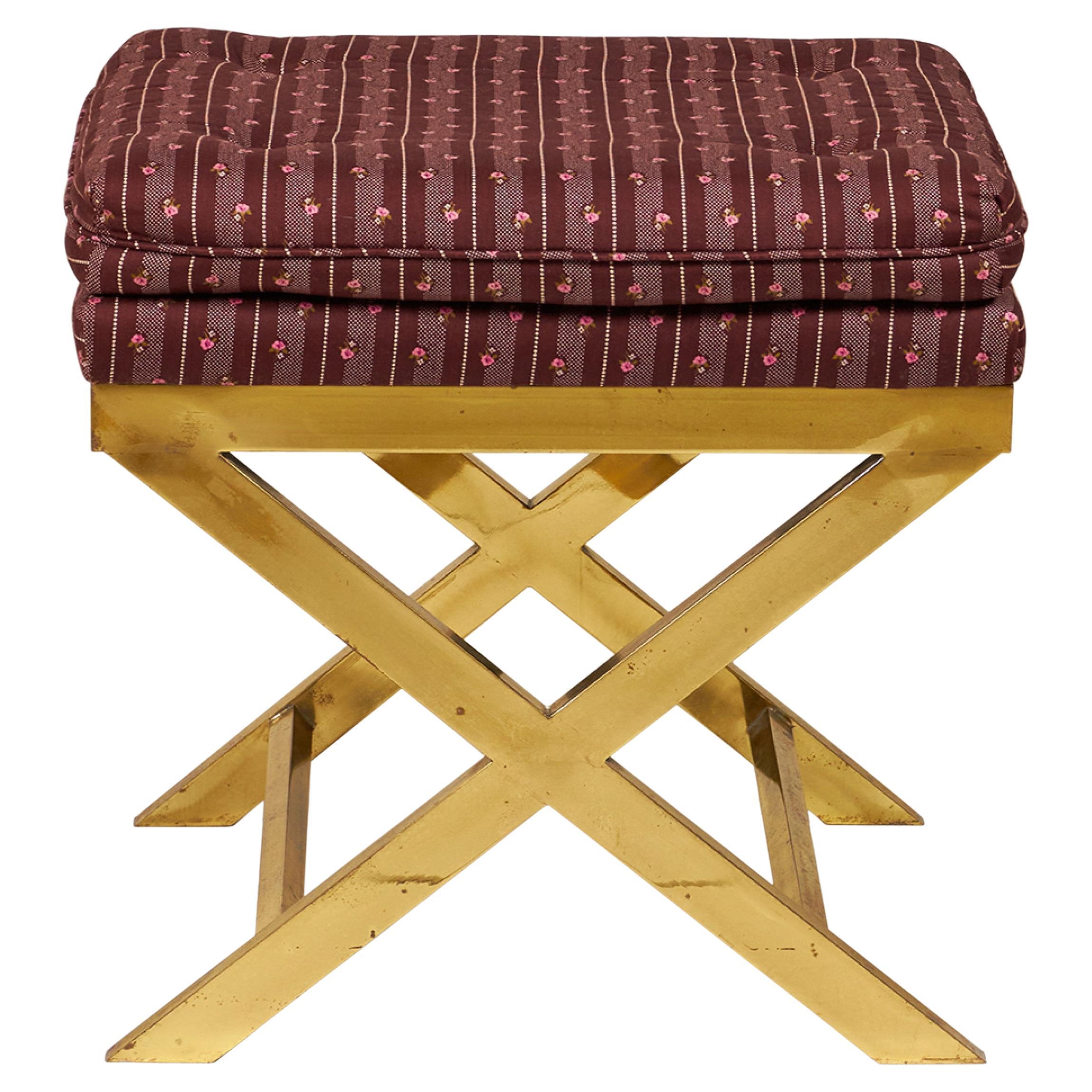 Mid-Century Brass and Striped Maroon Upholstered X-Bench