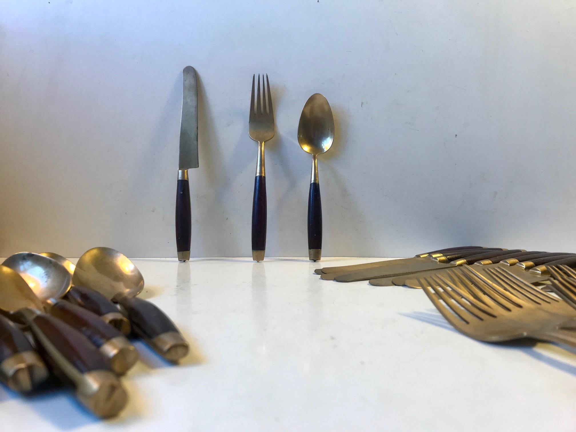 Danish Midcentury Brass and Teak Cutlery Set by Frigast 1960s, Set of 30