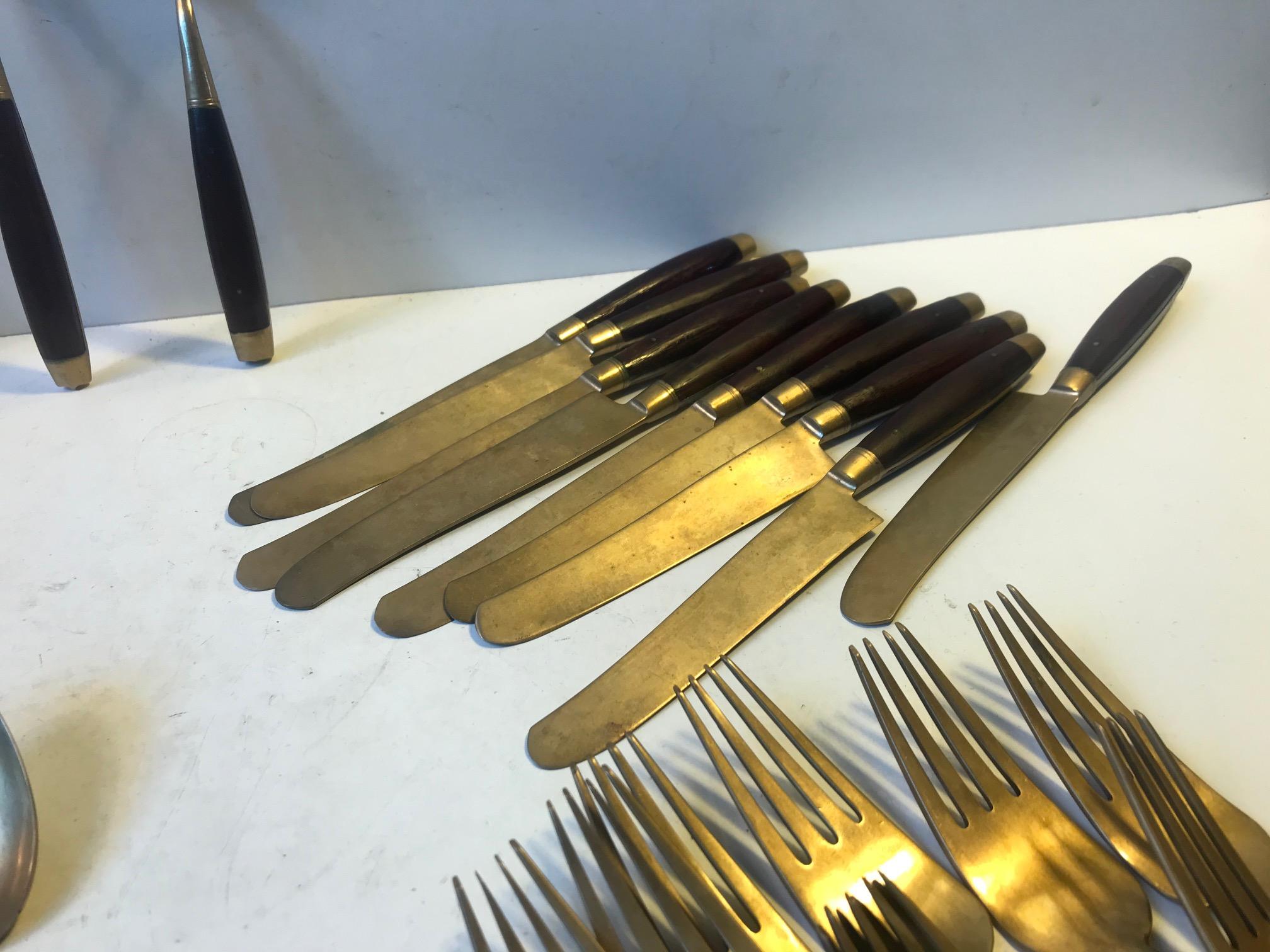 Midcentury Brass and Teak Cutlery Set by Frigast 1960s, Set of 30 1
