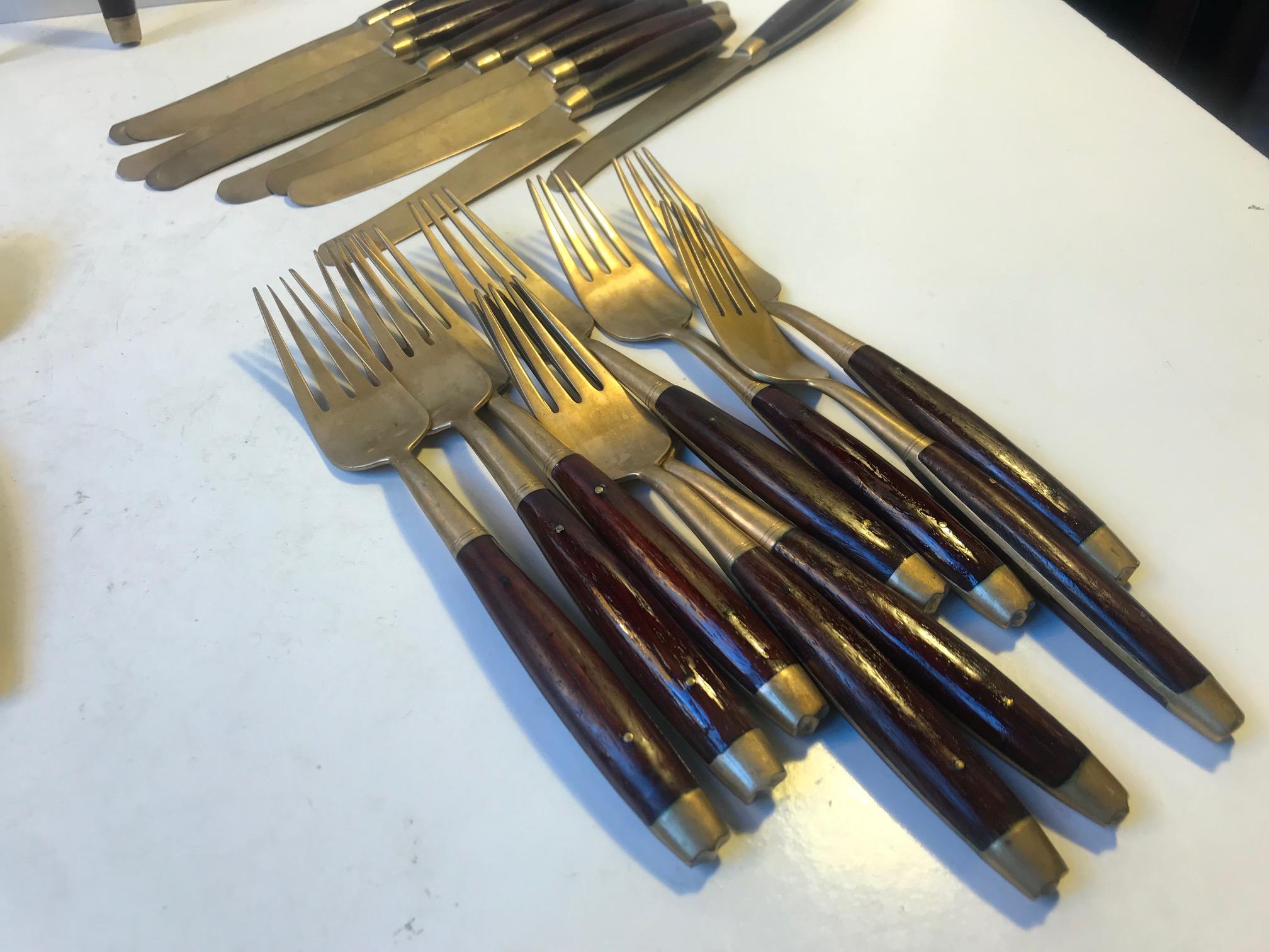 Midcentury Brass and Teak Cutlery Set by Frigast 1960s, Set of 30 2