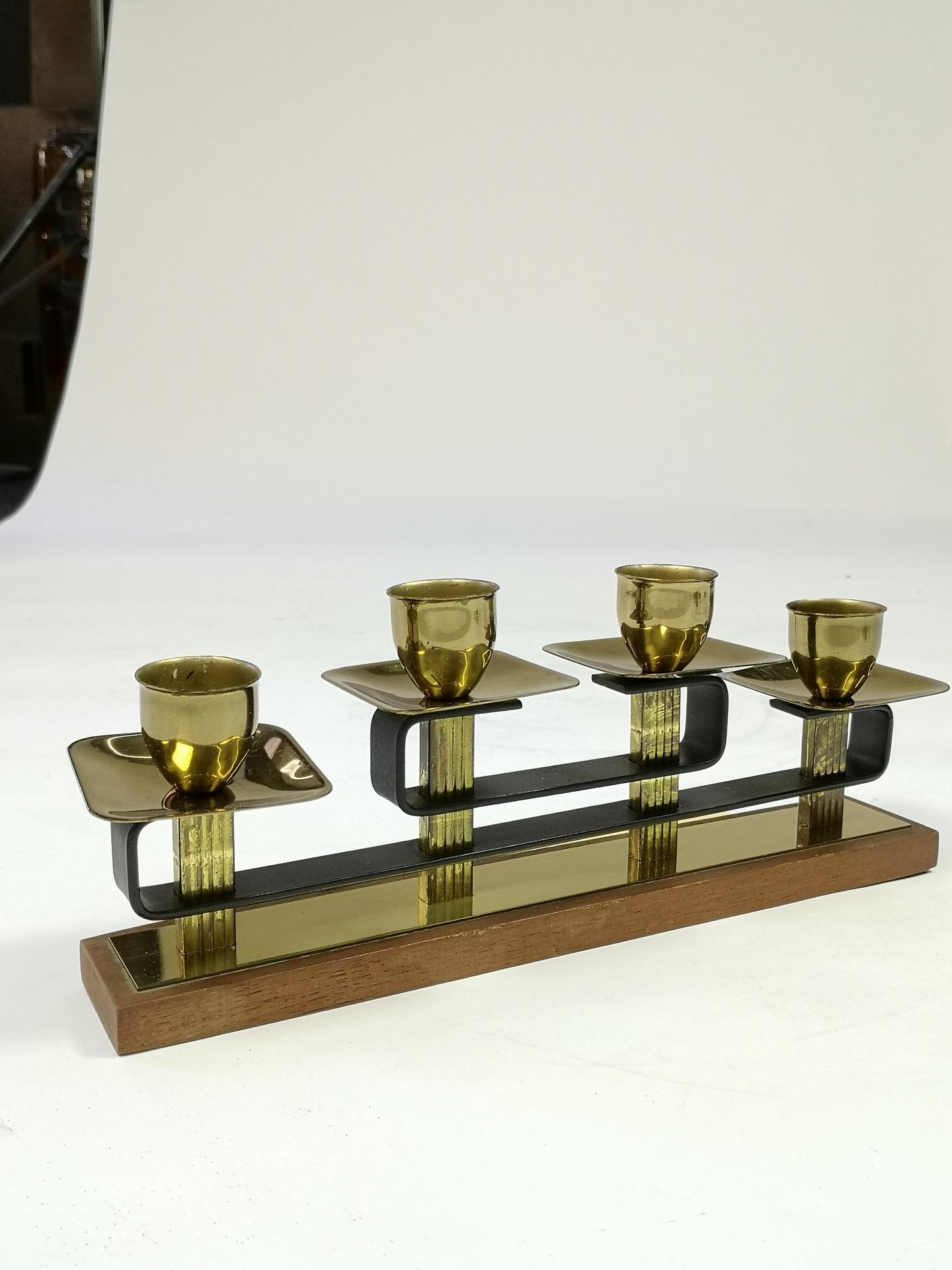 Mid-Century Brass and Teak Wood Candleholder, 1950's 1