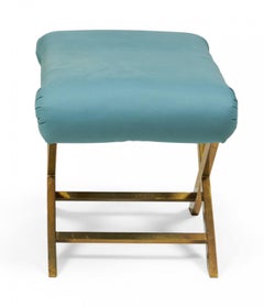 Mid-Century Brass and Teal Cotton Upholstered X-Bench