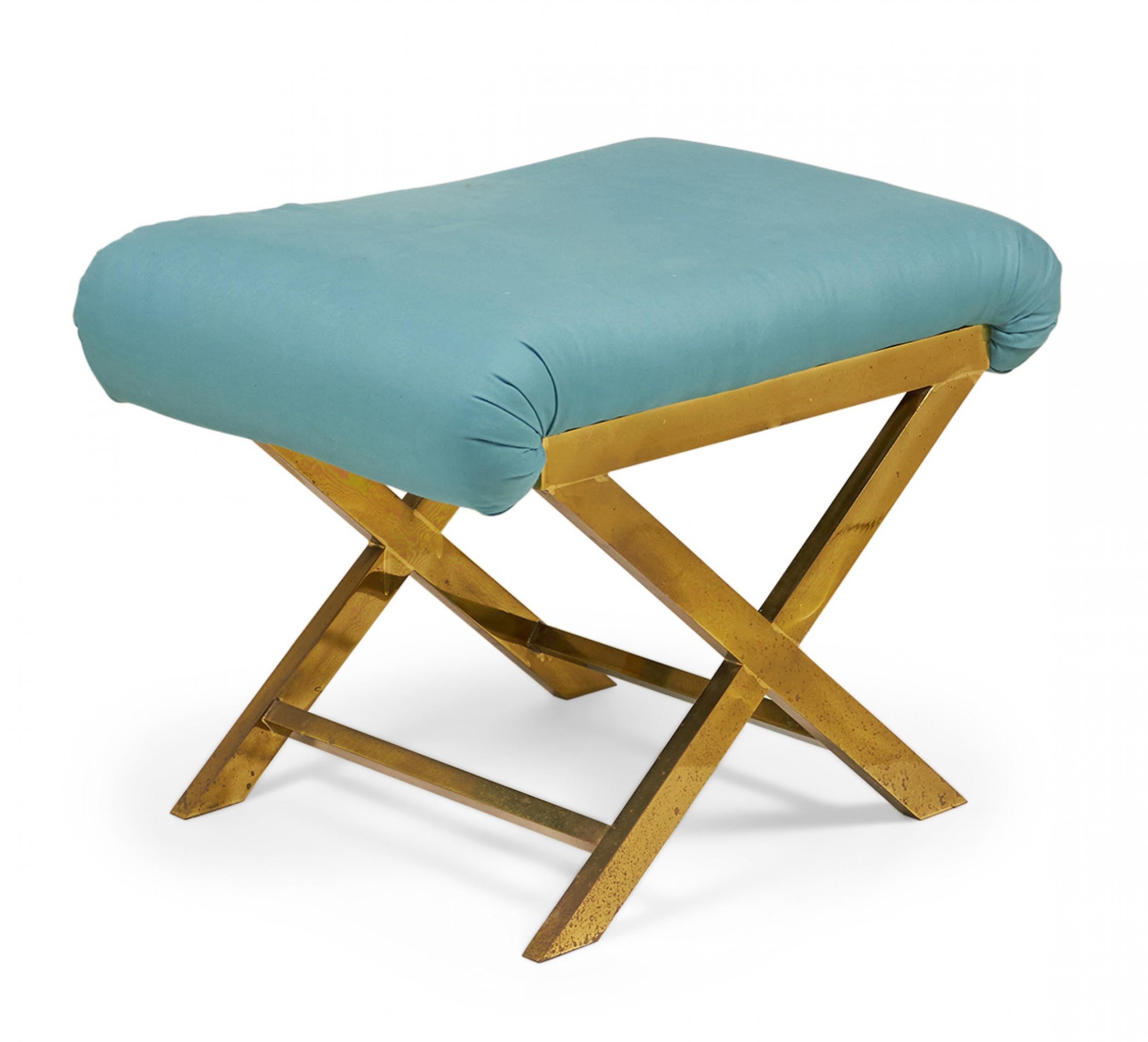 Mid-Century Modern Mid-Century Brass and Teal Cotton Upholstered X-Bench For Sale