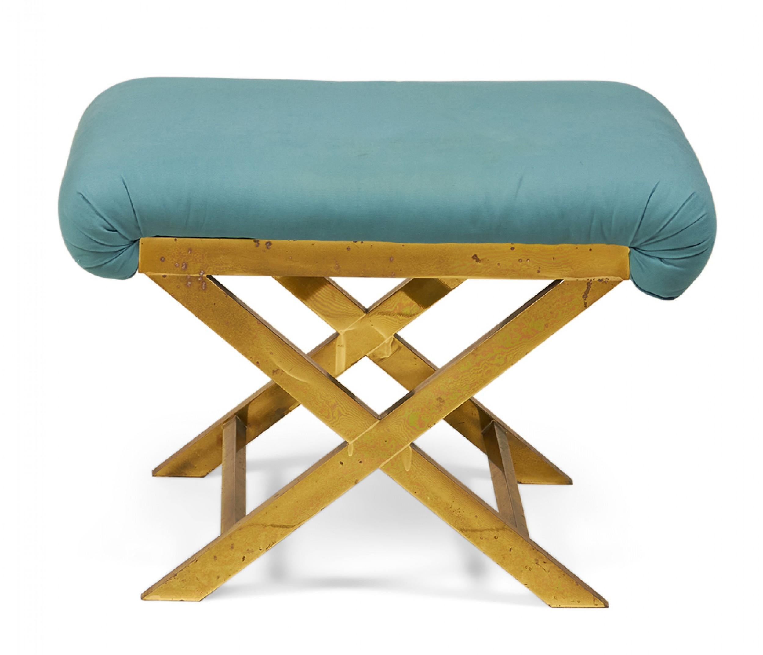 Mid-Century Brass and Teal Cotton Upholstered X-Bench In Good Condition For Sale In New York, NY