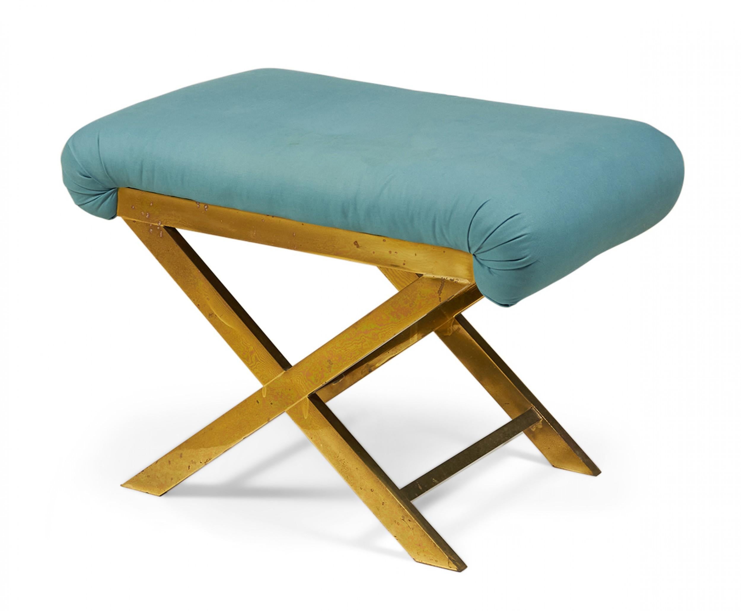 20th Century Mid-Century Brass and Teal Cotton Upholstered X-Bench For Sale