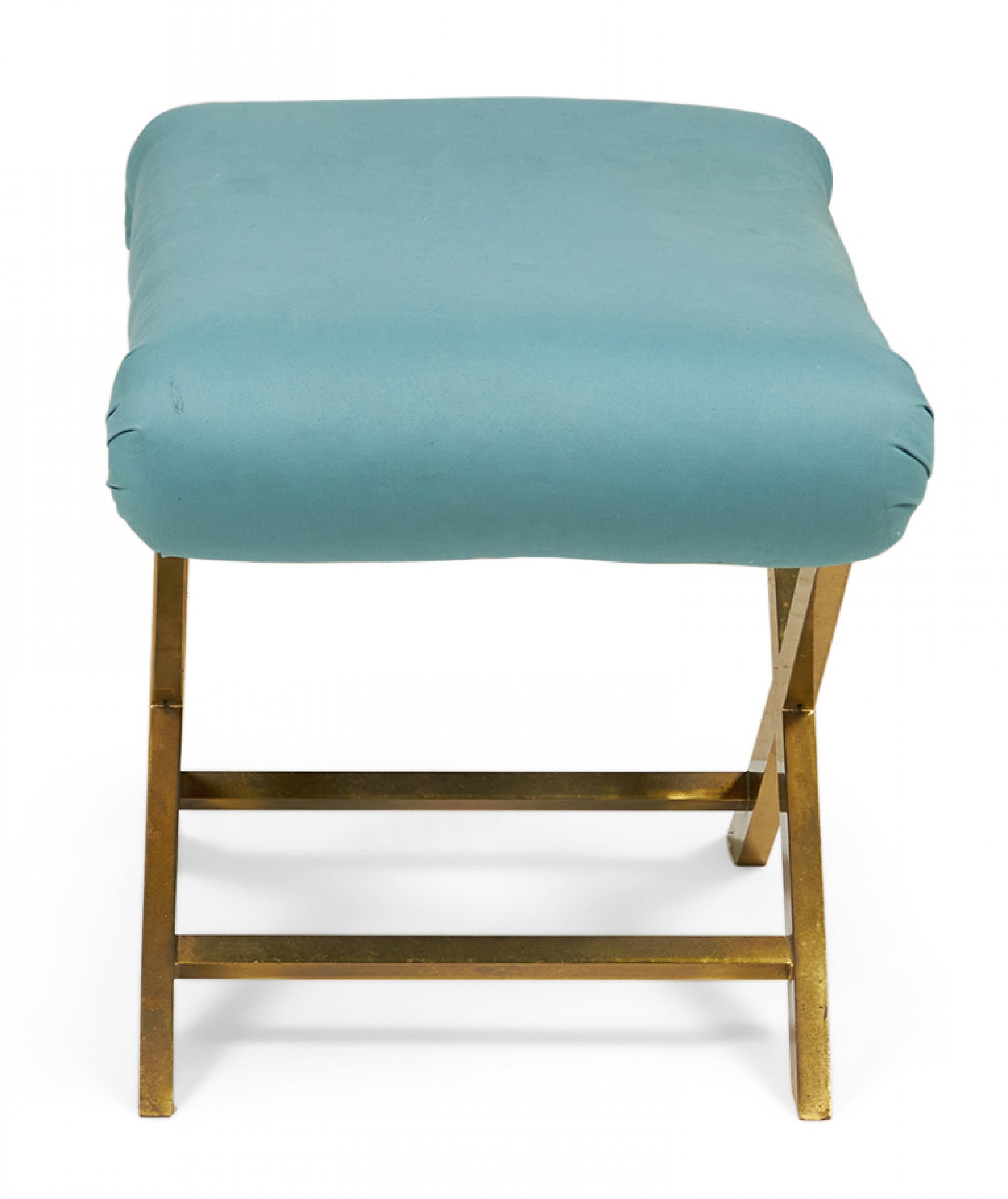 Mid-Century Brass and Teal Cotton Upholstered X-Bench For Sale 1