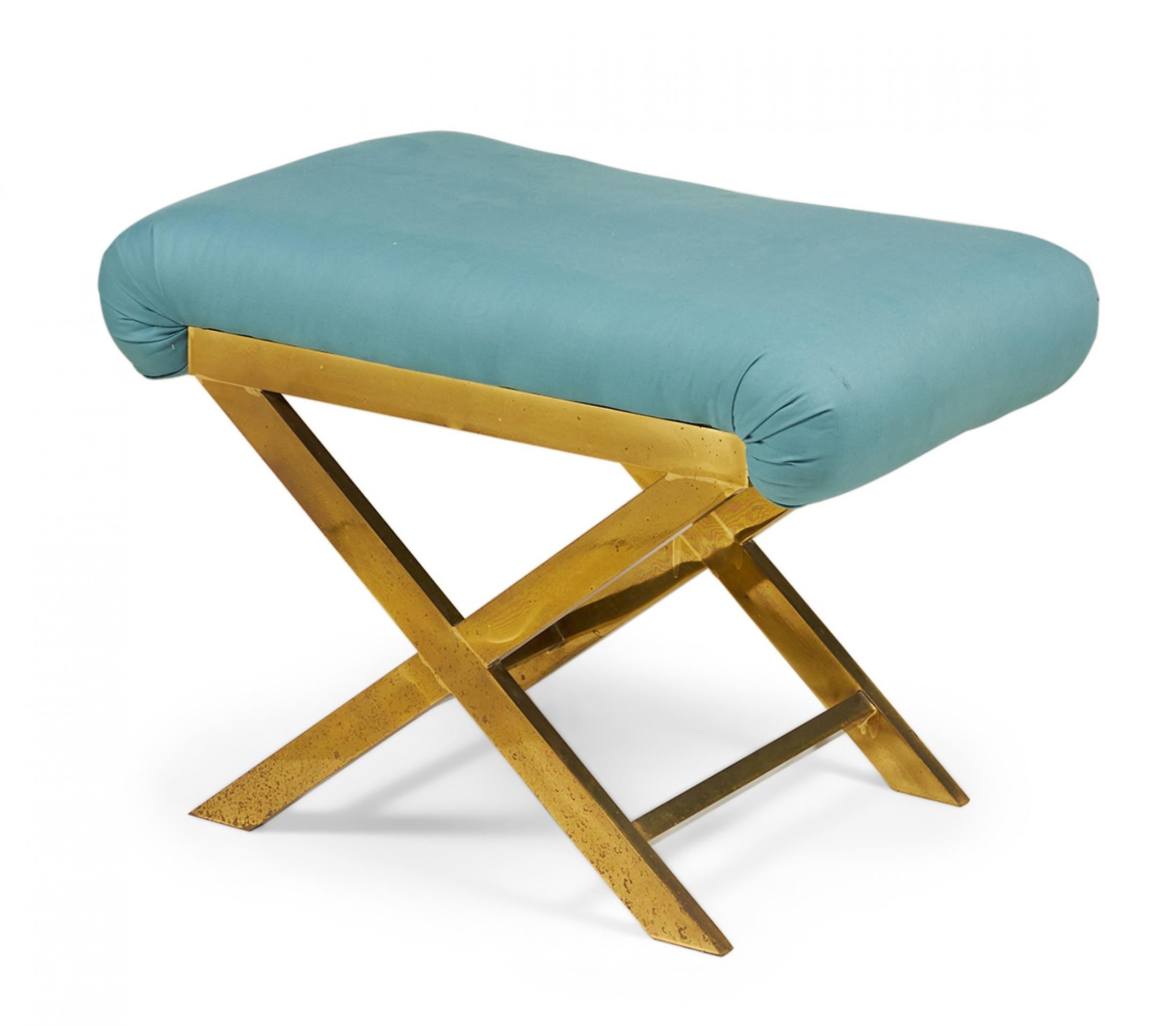 Mid-Century Brass and Teal Cotton Upholstered X-Bench For Sale 2
