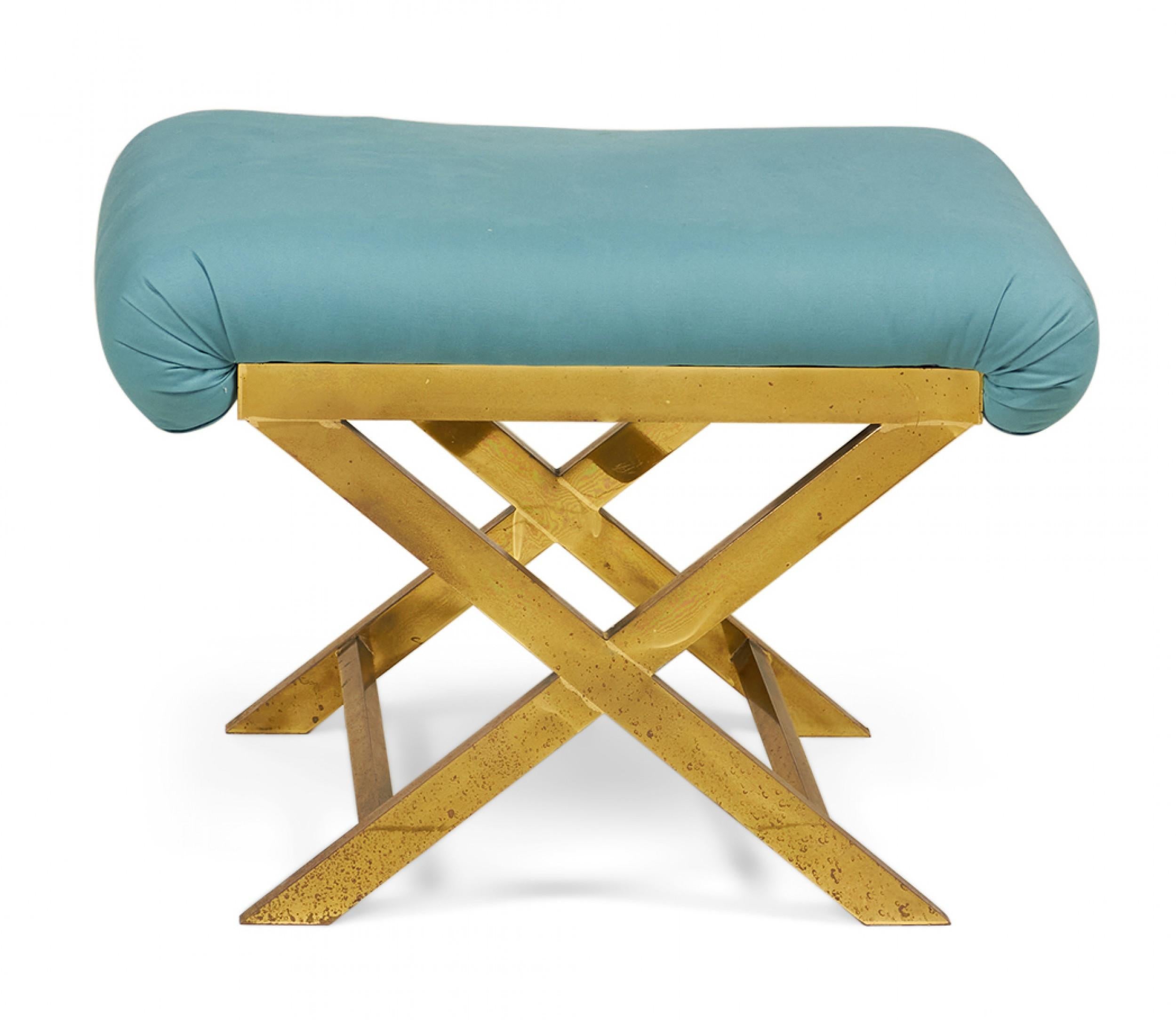 Mid-Century Brass and Teal Cotton Upholstered X-Bench For Sale 3