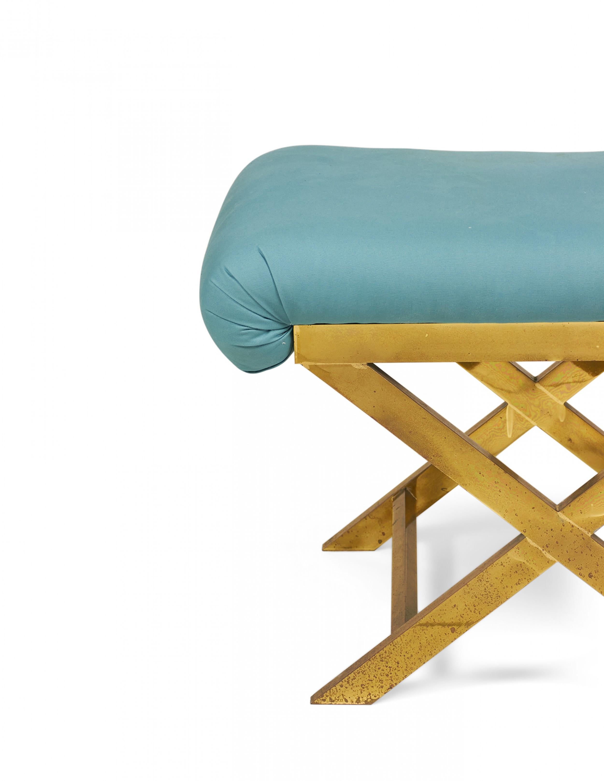 Mid-Century Brass and Teal Cotton Upholstered X-Bench For Sale 4
