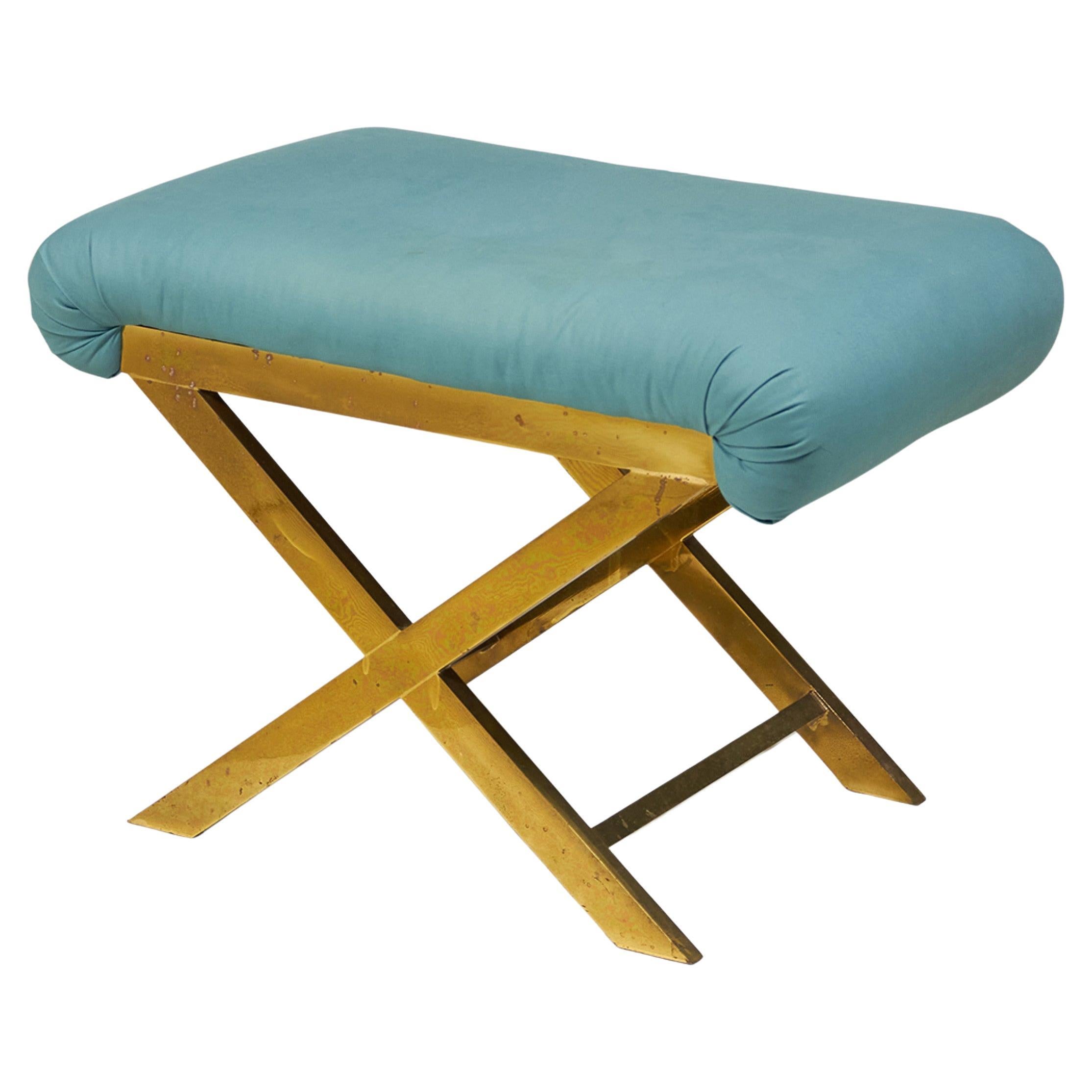 Mid-Century Brass and Teal Cotton Upholstered X-Bench For Sale