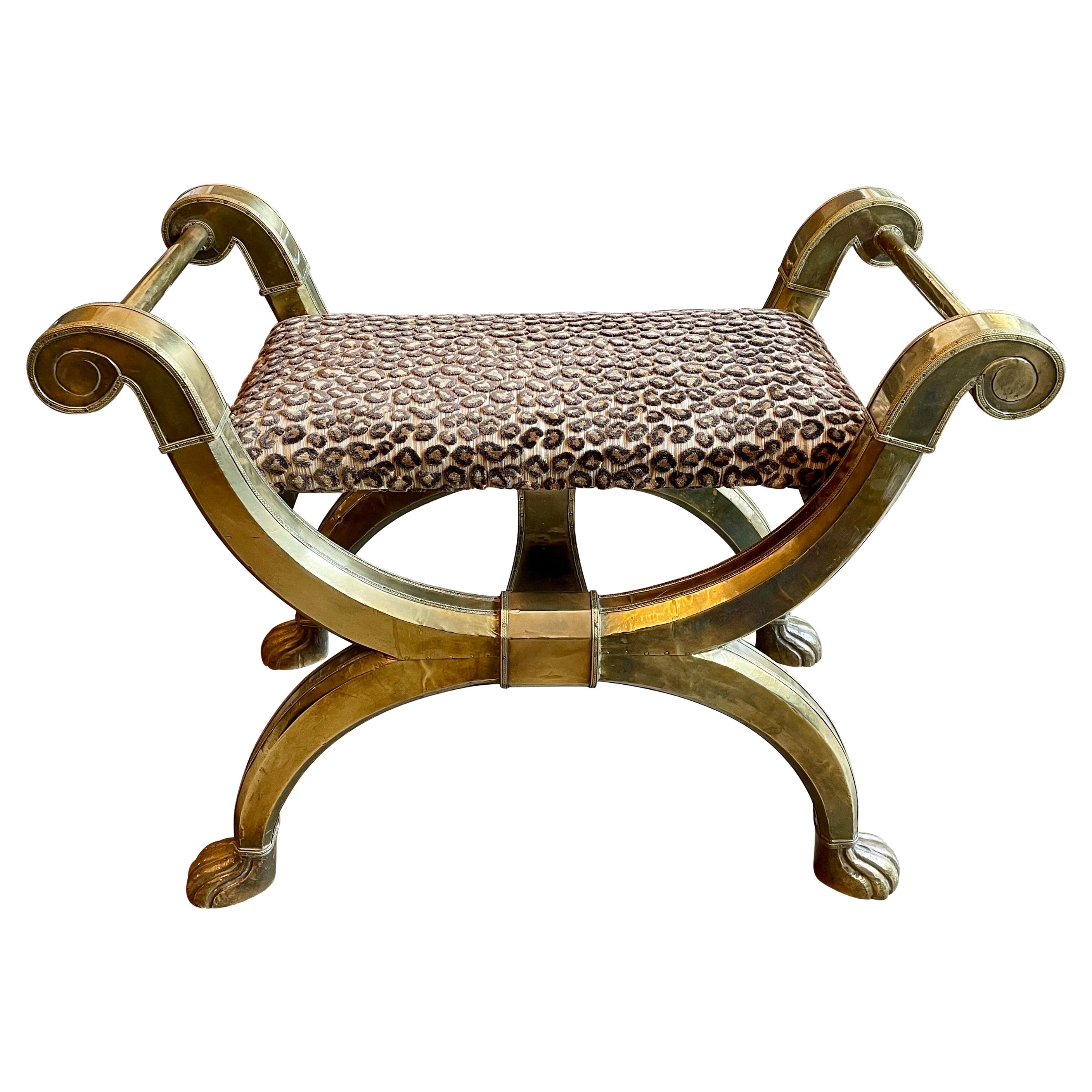 Mid Century Brass and Velvet X Base Stool