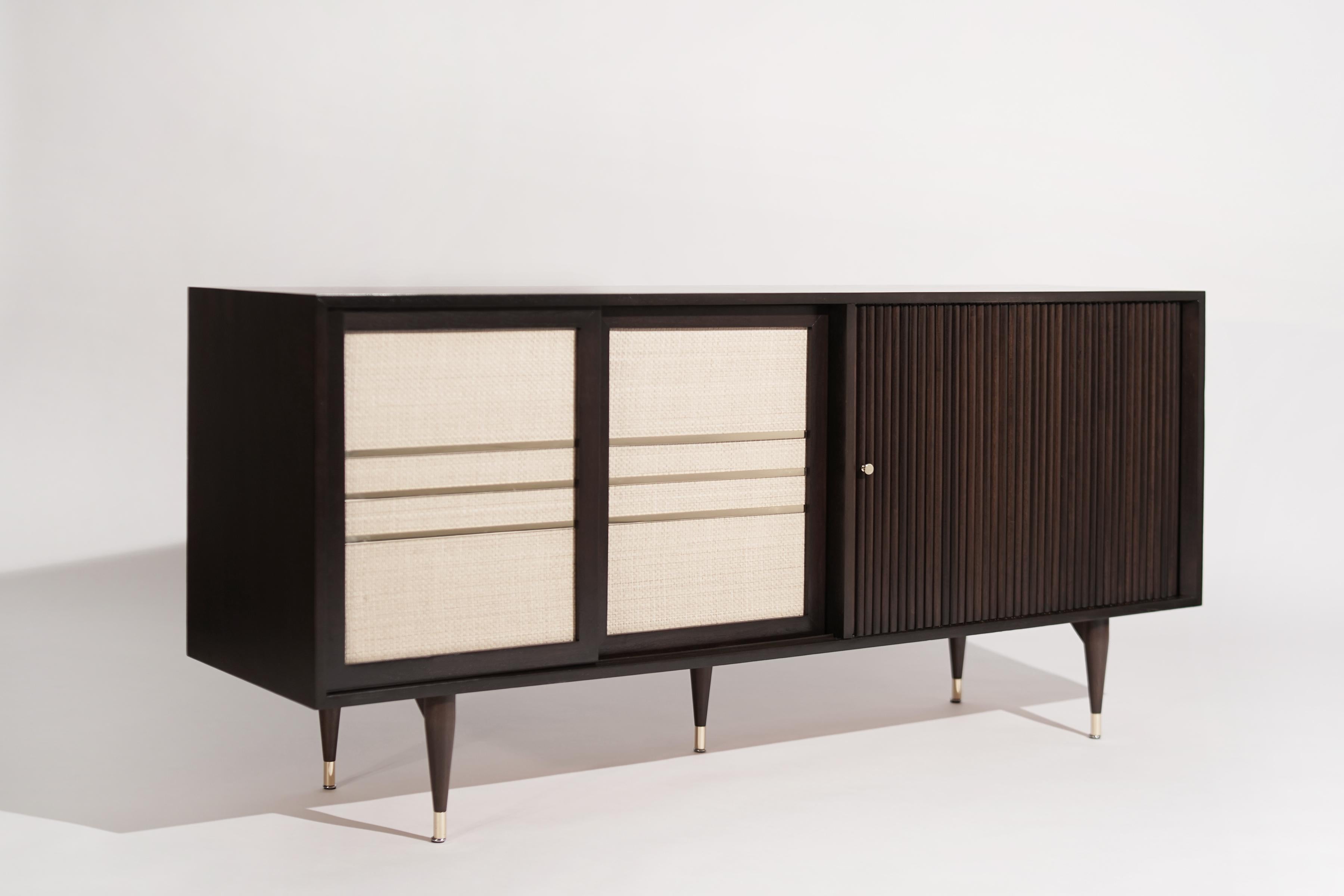 American Mid-Century Brass and Walnut Credenza, C. 1950s For Sale