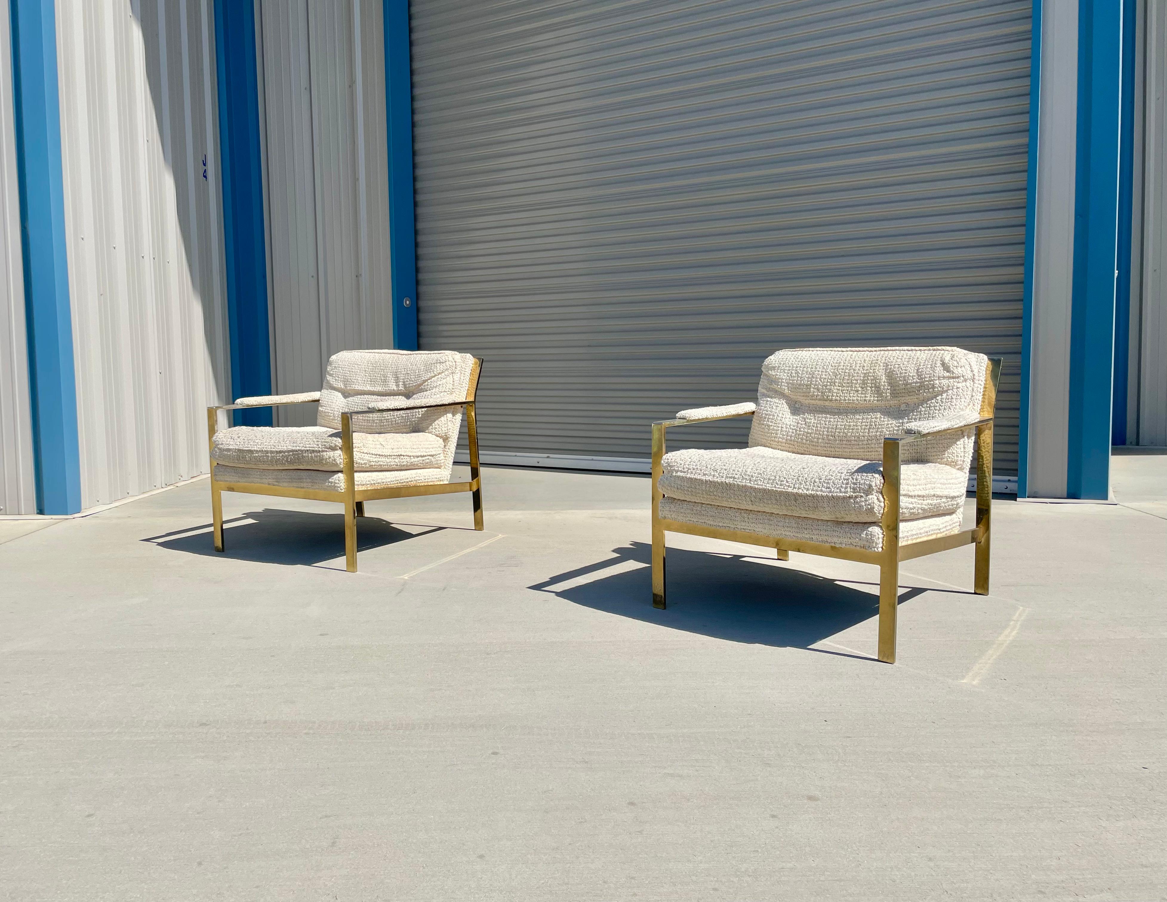Mid-Century Modern Mid-Century Brass and White Lounge Chair Styled After Milo Baughman For Sale