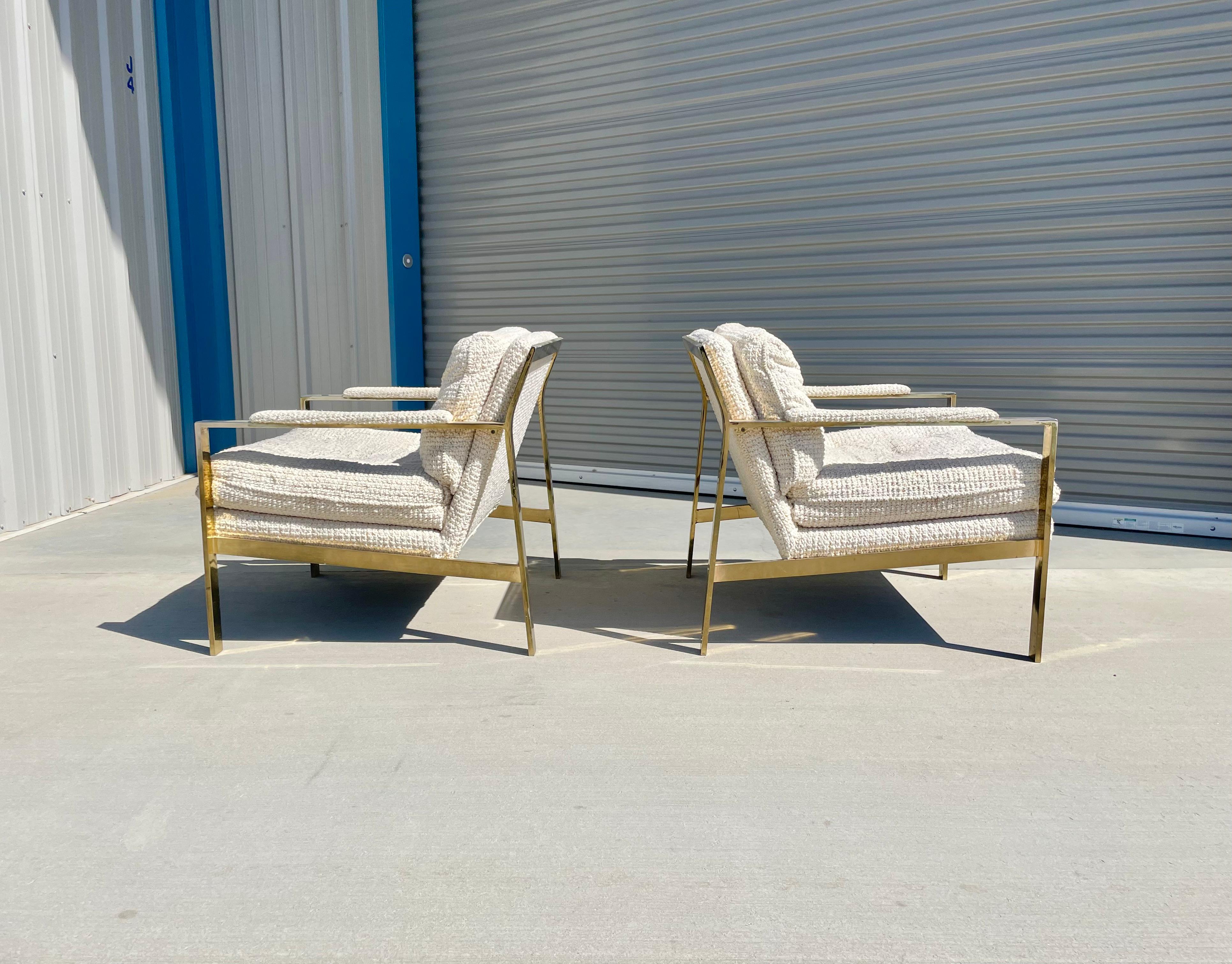 American Mid-Century Brass and White Lounge Chair Styled After Milo Baughman For Sale