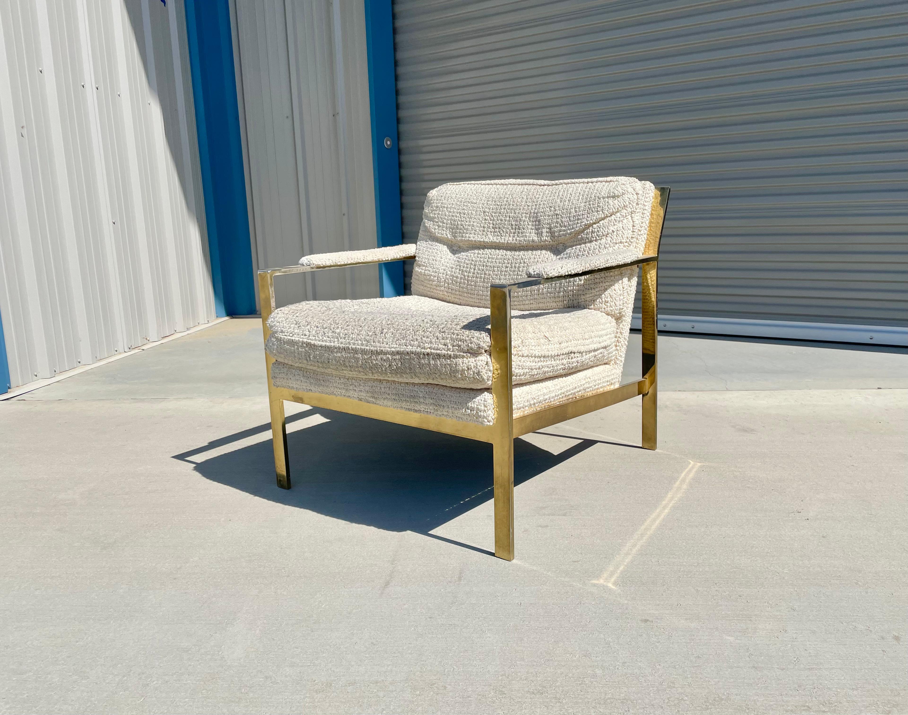 Late 20th Century Mid-Century Brass and White Lounge Chair Styled After Milo Baughman For Sale