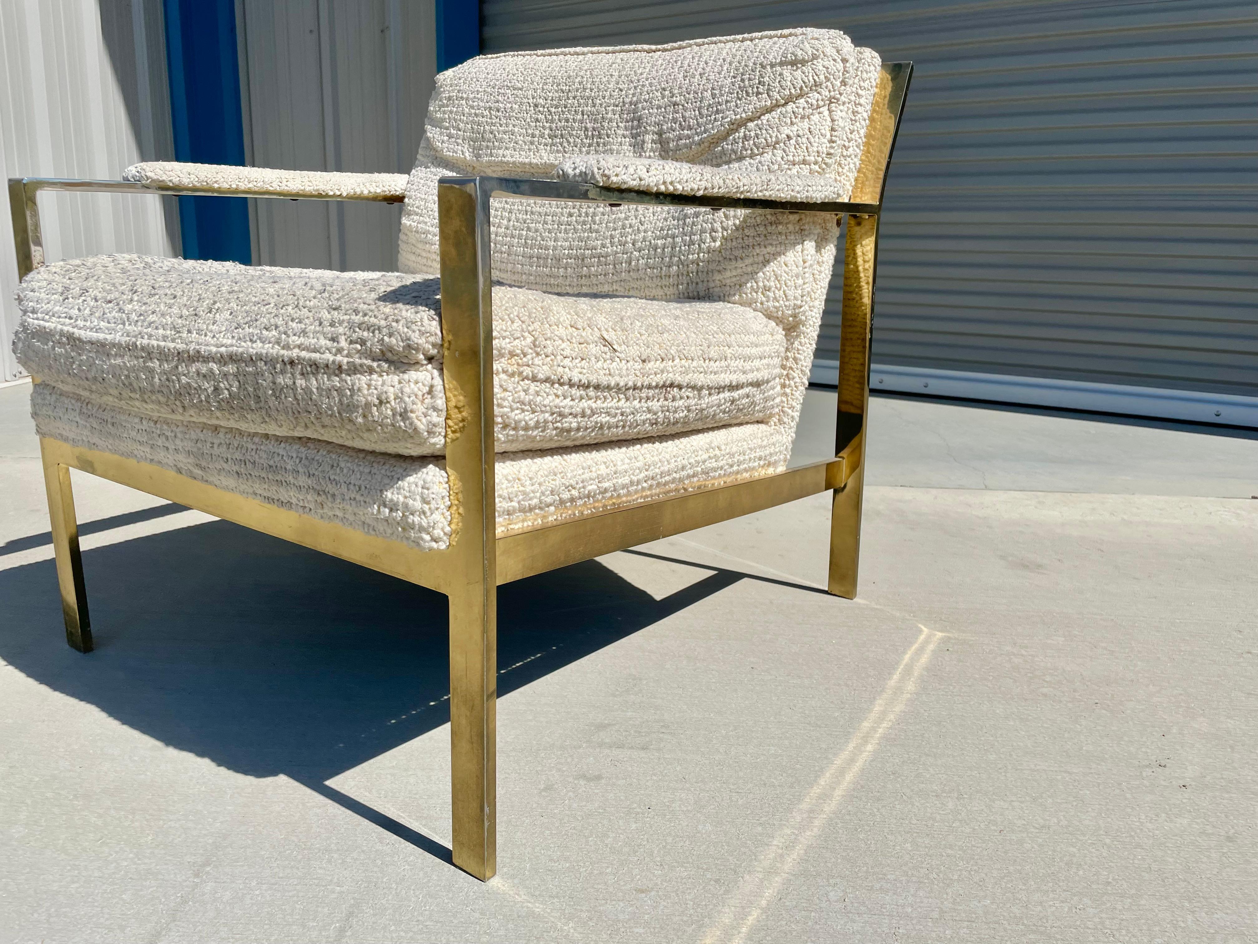 Mid-Century Brass and White Lounge Chair Styled After Milo Baughman For Sale 1
