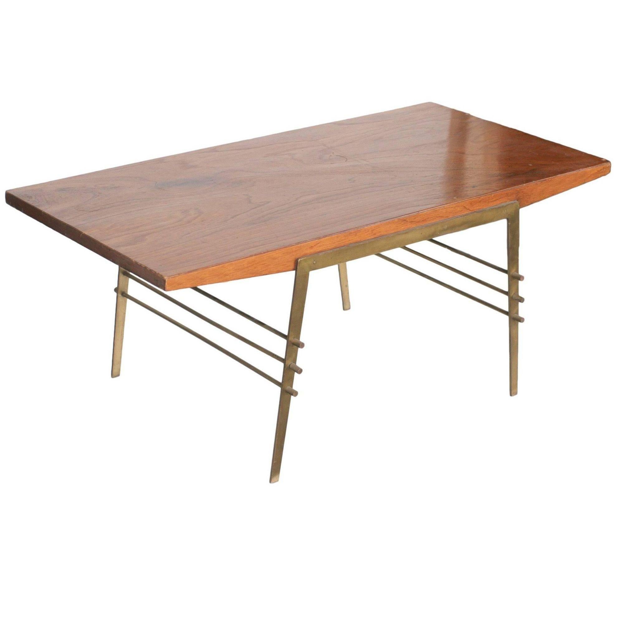 Mahogany Mid Century Brass and Wood Attr. Gio Ponti Coffee Table For Sale