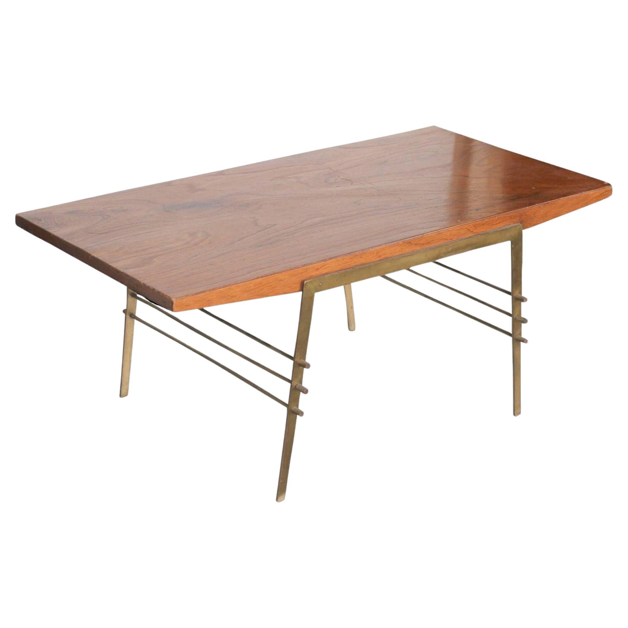 Mid Century Brass and Wood Attr. Gio Ponti Coffee Table For Sale