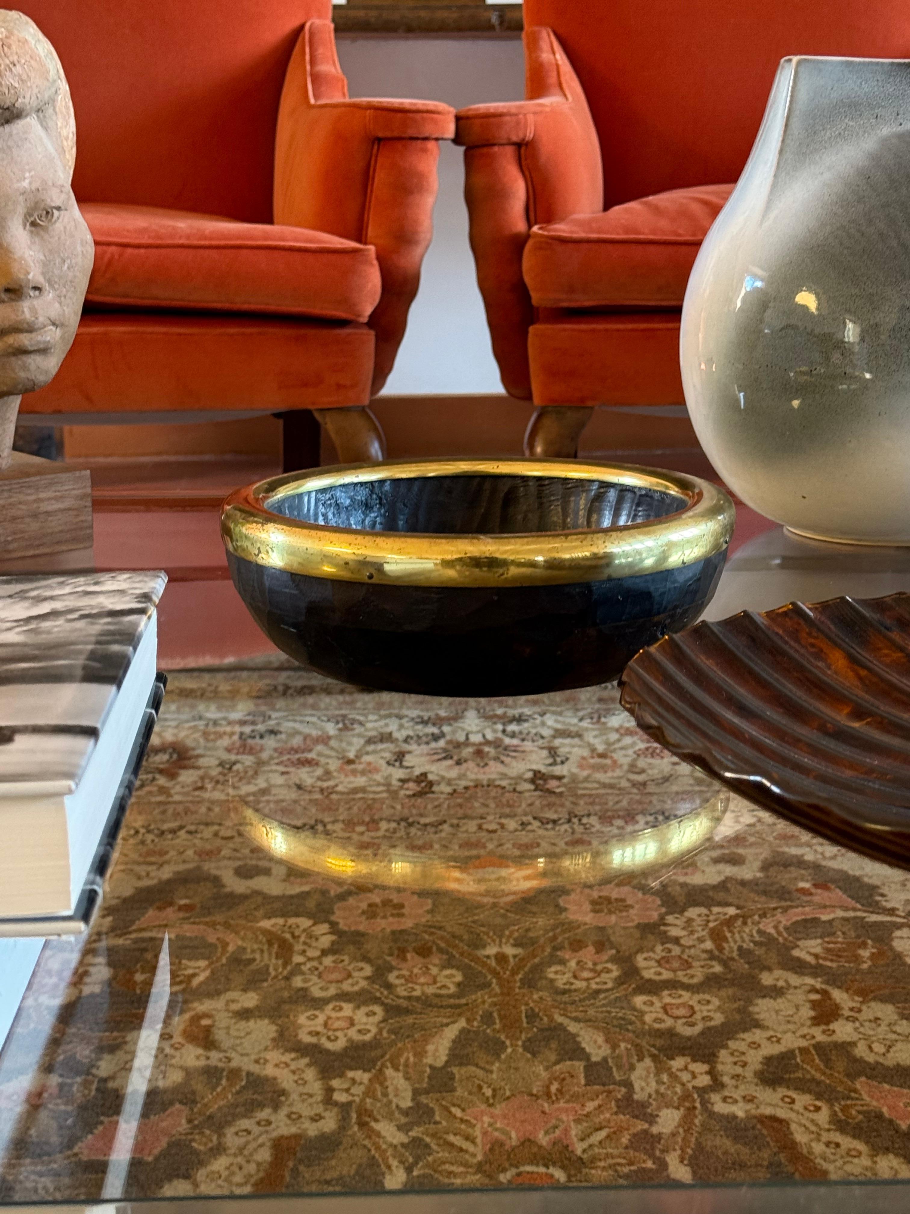 Mid-Century Modern Mid-century brass and wood bowl, Italy 1970s For Sale