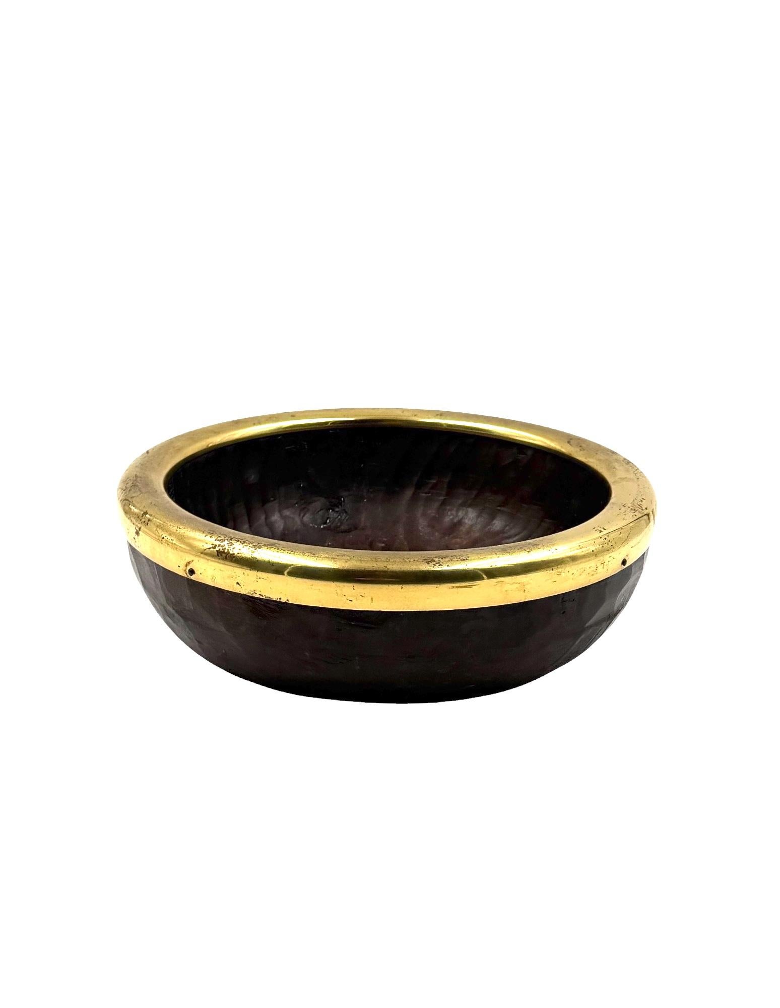 Brass Mid-century brass and wood bowl, Italy 1970s For Sale