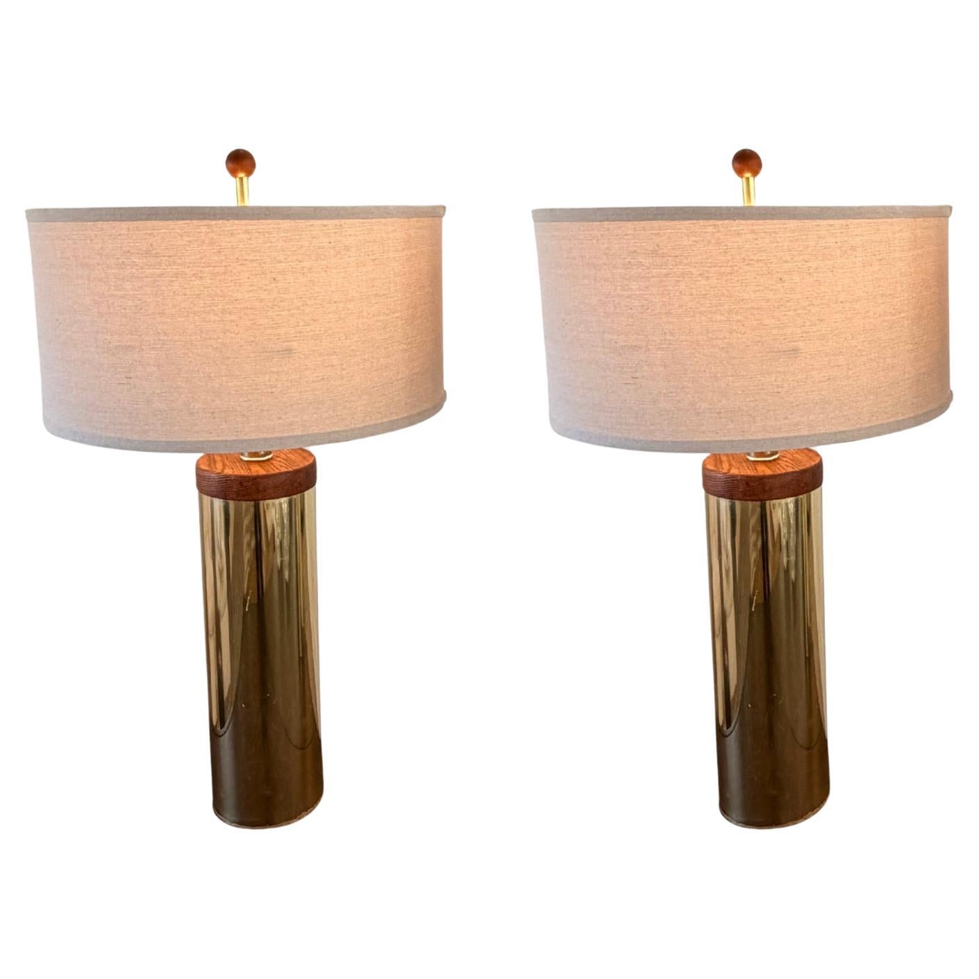 Mid Century Brass and Wood Cylinder Lamps attributed to Laurel, Pair