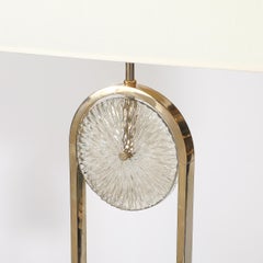 Mid-Century Brass Arch Floor Lamp w/ Textured Glass Medallion & White Marble
