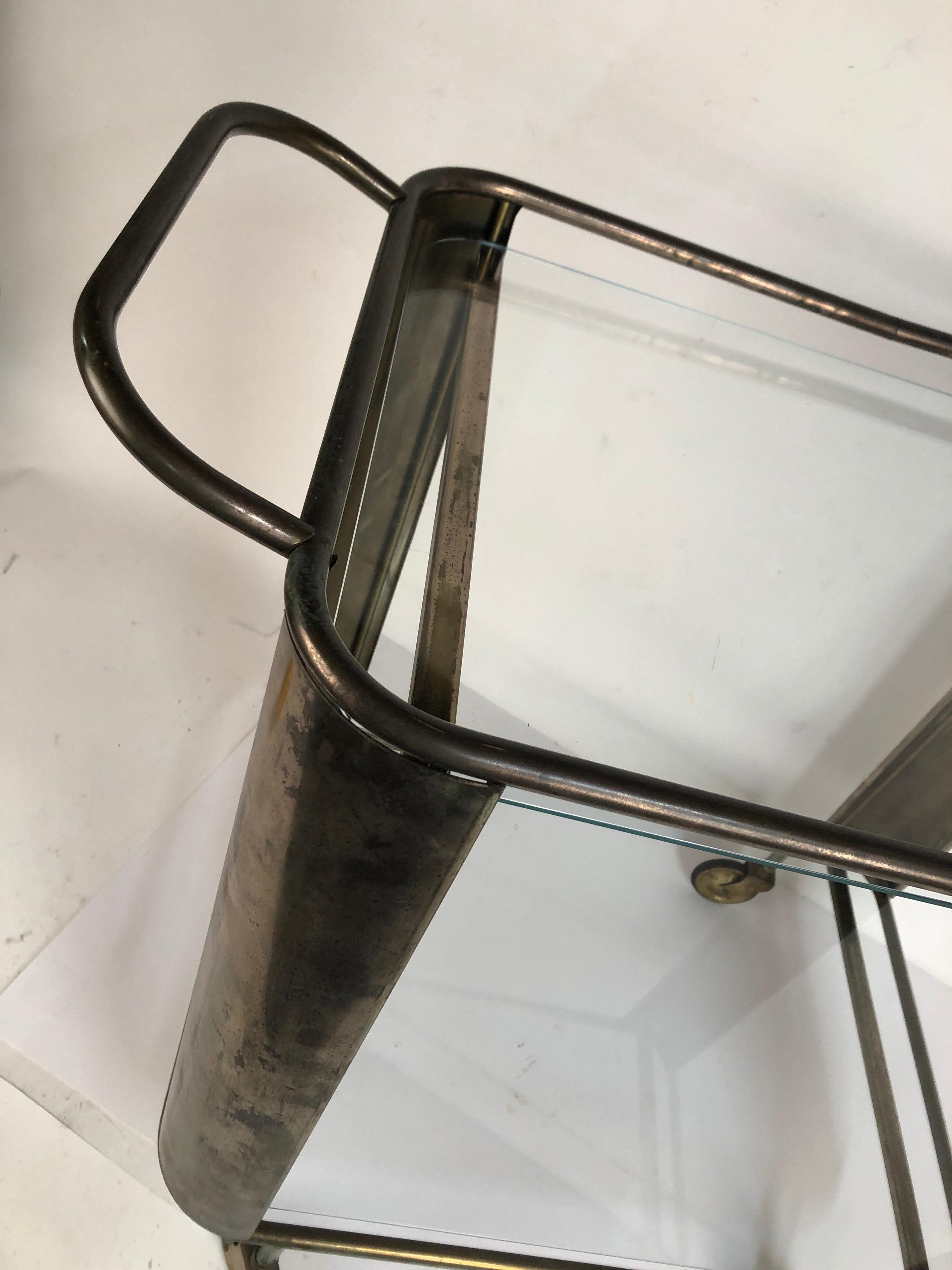 American Midcentury Brass Bar Cart with Glass Shelves