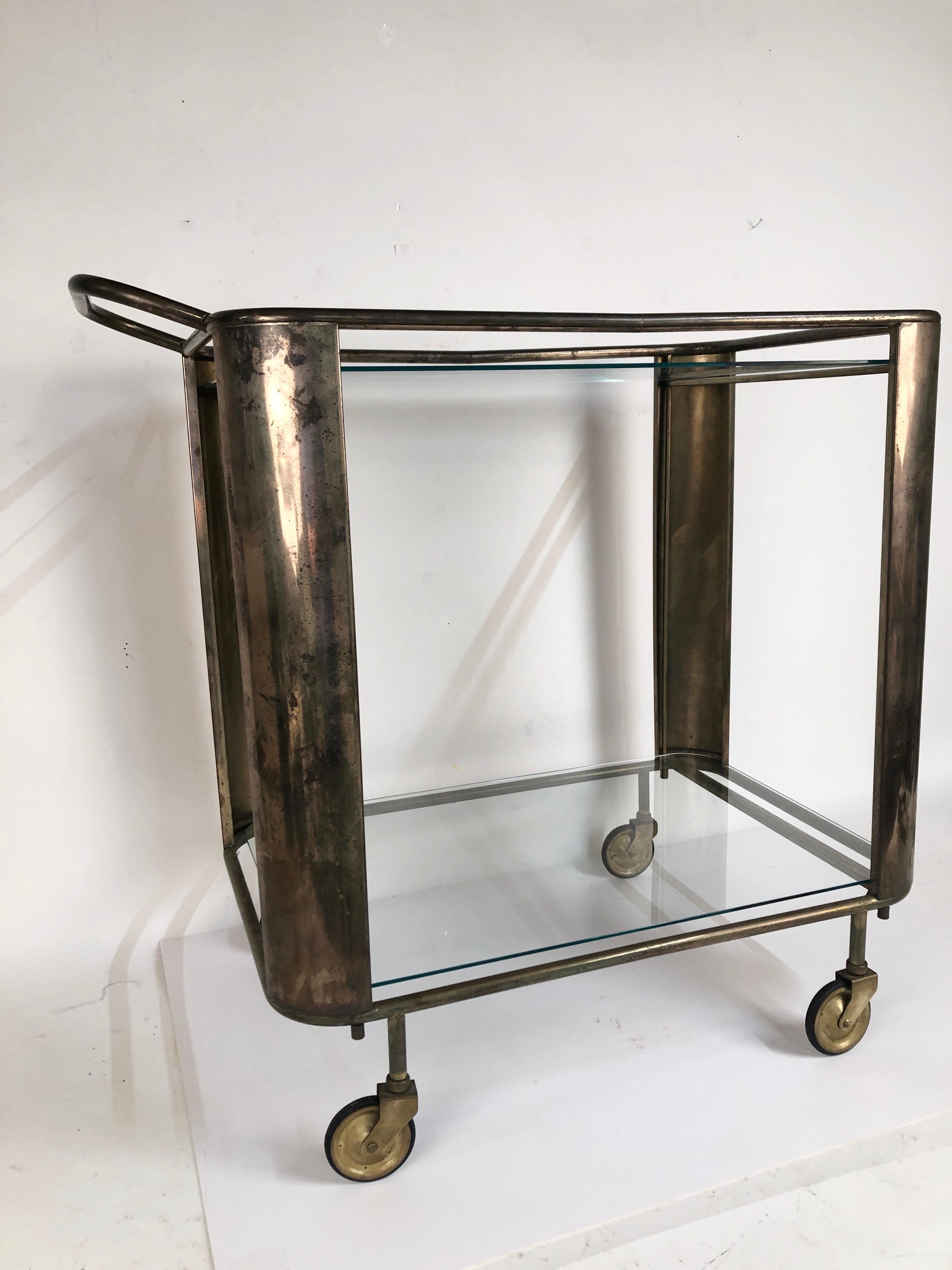 20th Century Midcentury Brass Bar Cart with Glass Shelves