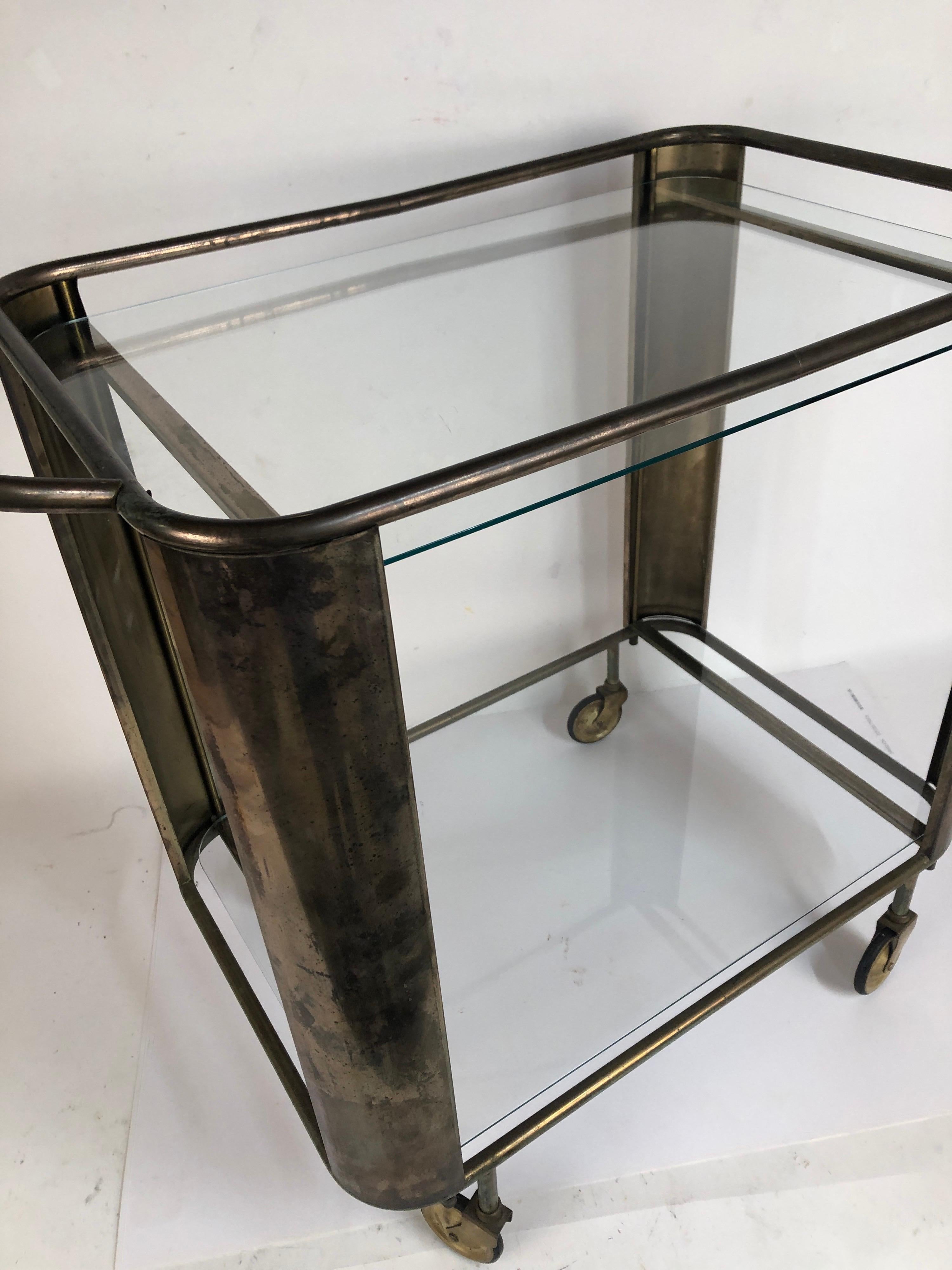 Midcentury Brass Bar Cart with Glass Shelves 2