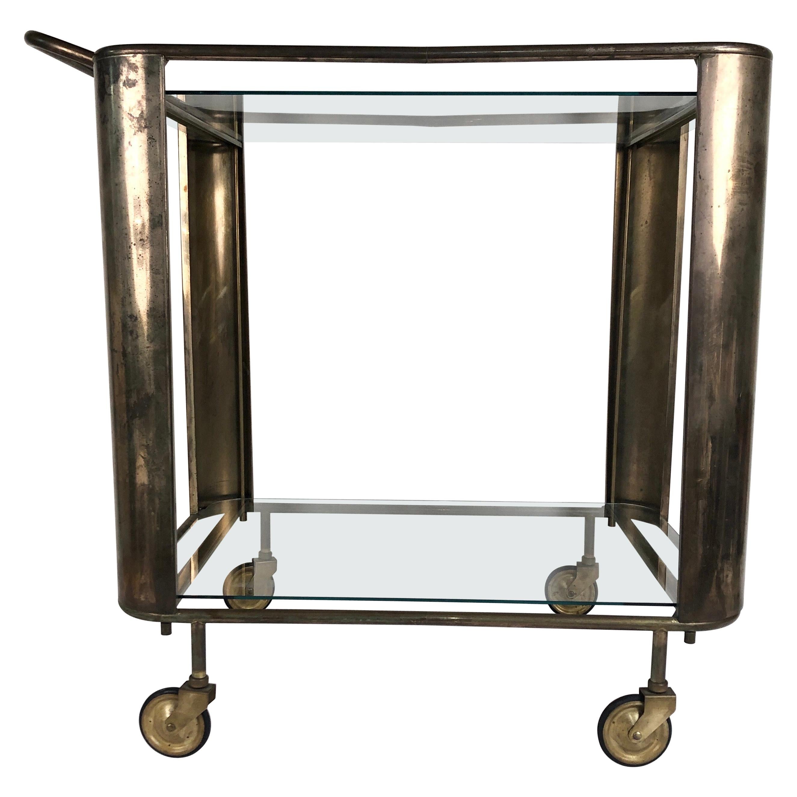 Midcentury Brass Bar Cart with Glass Shelves