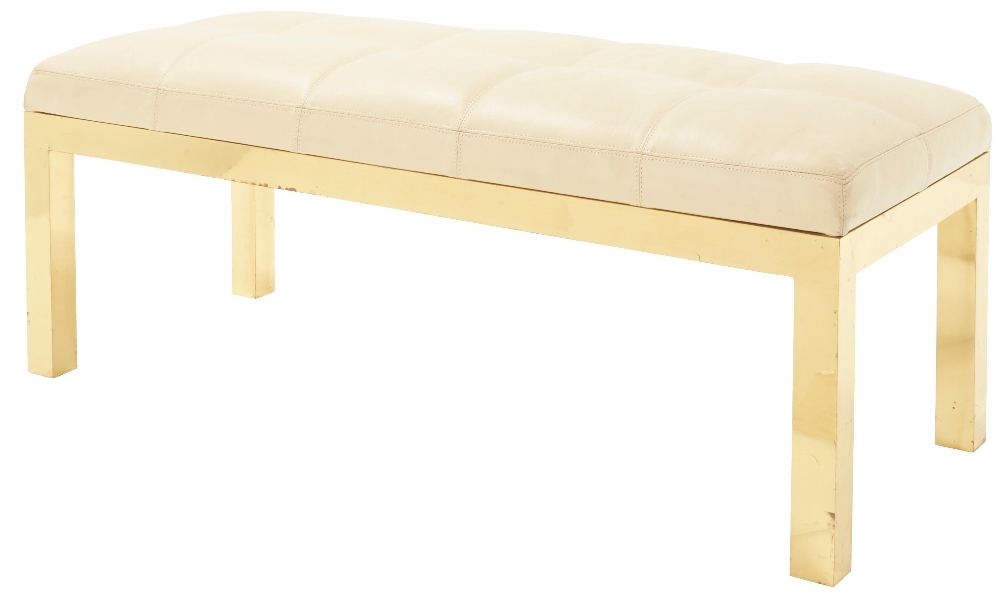 European Midcentury Brass Bench with Saddle Stitched Leather Cushion For Sale