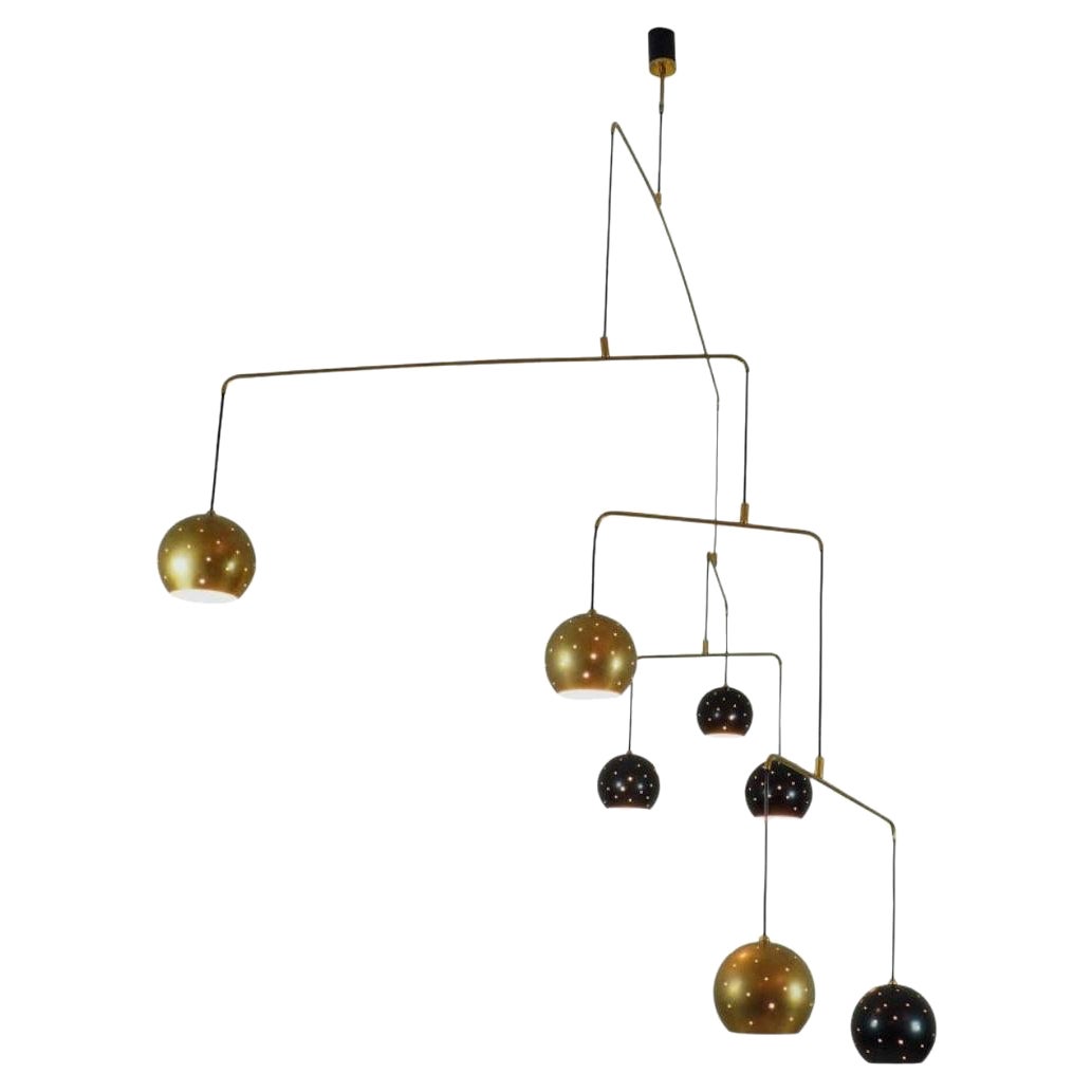 Mid Century Brass Black Large Mobile Chandelier, “ Magico e Meditativo“ 20th C