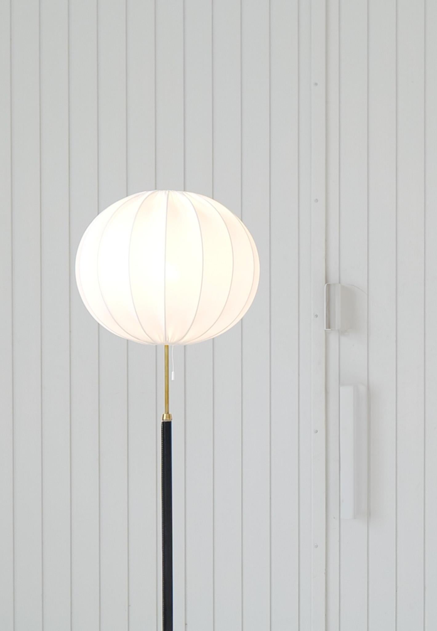 Mid-20th Century Mid-Century Brass Black Leather Floor Lamp Falkenbergs Belysning, Sweden, 1960s For Sale