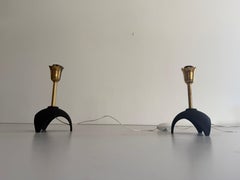 Mid-Century Brass & Black Metal Base Pair of Bedside Lamps, 1960s, Italy