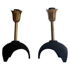 Mid-Century Brass & Black Metal Base Pair of Bedside Lamps, 1960s, Italy