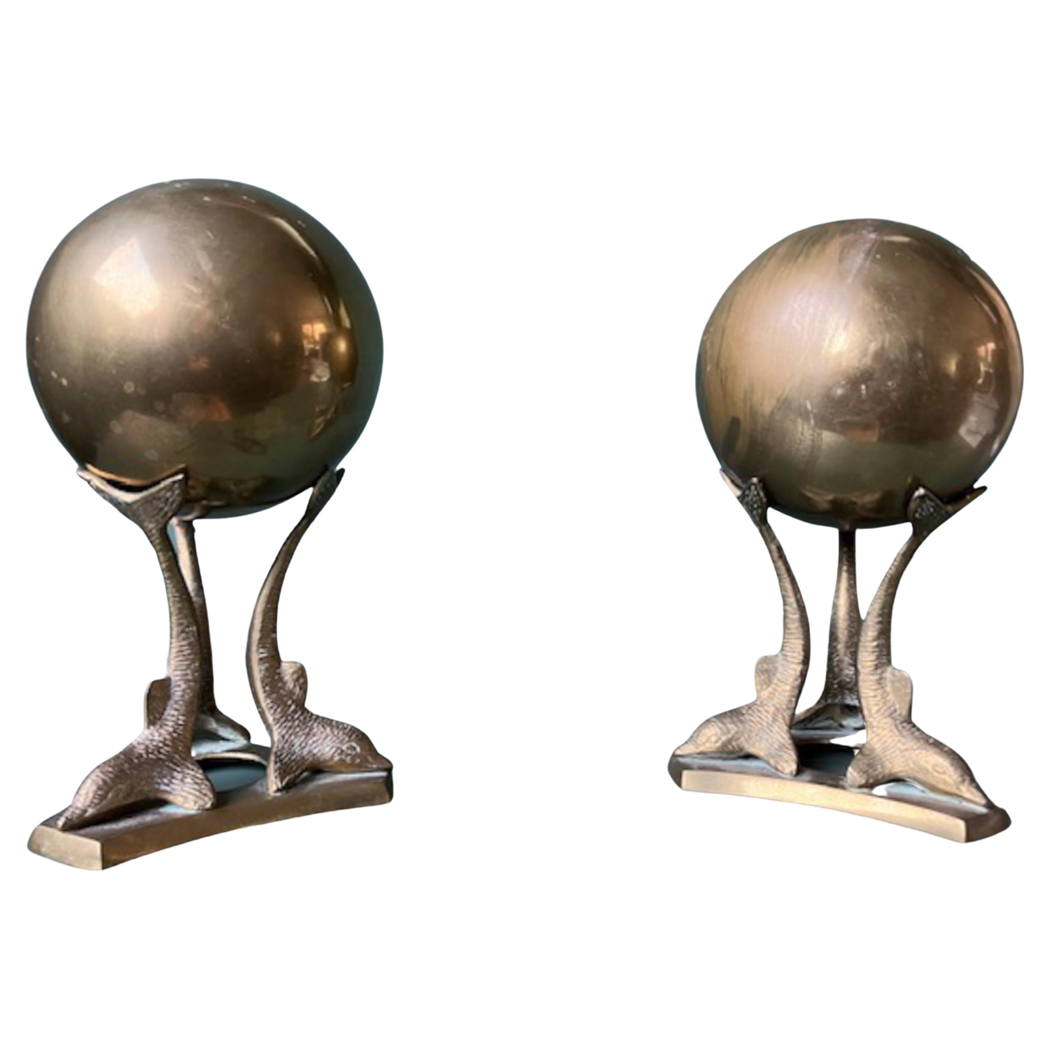 Mid Century Brass Bookends Dolphins with ball, France 1950s For Sale