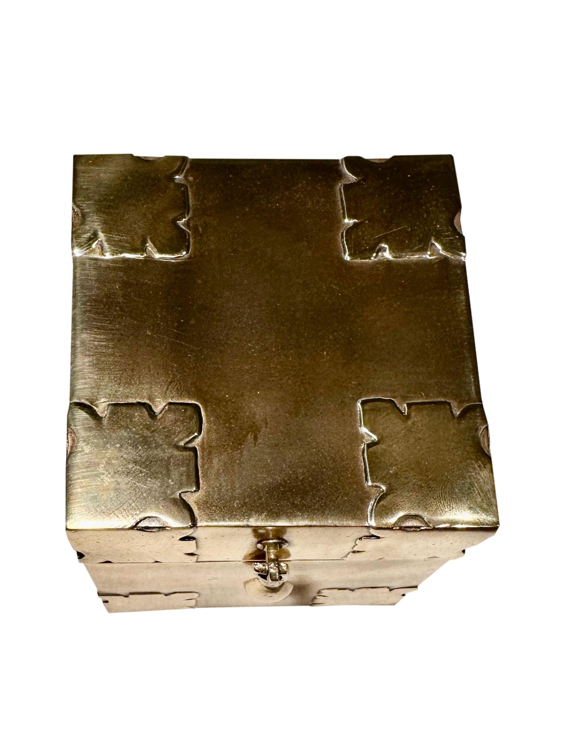 A wonderfully design in this decorative 1970s Italian brass storage box. Hinged top and clasp front closure. The interior depth is two and one half inches.