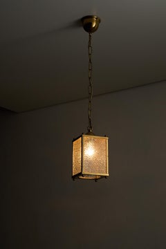 Mid-Century Brass Box Pendant with Textured Ice Glass, 1960s