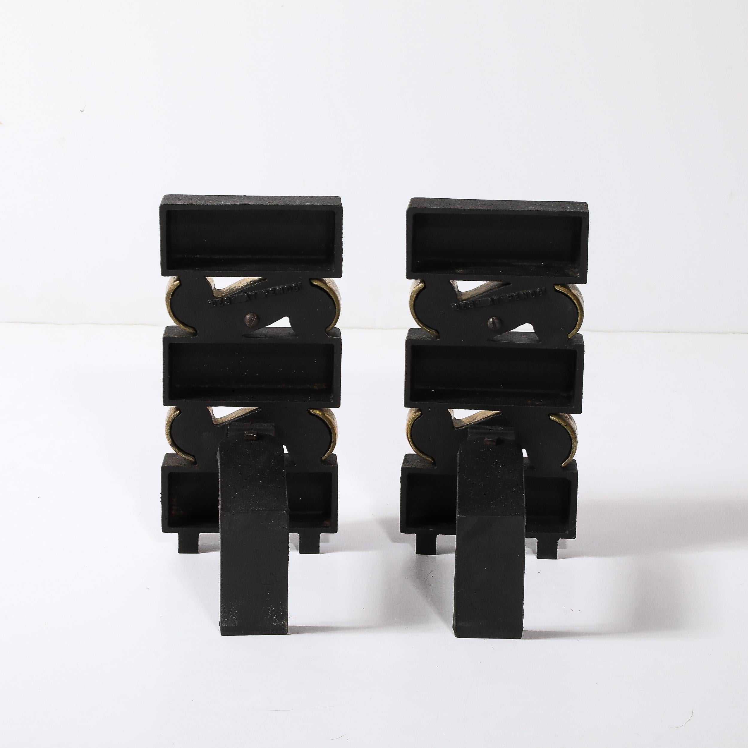 Mid-Century Brass & Bronze Stacked Scroll Andirons by Donald Deskey for Bennet For Sale 4