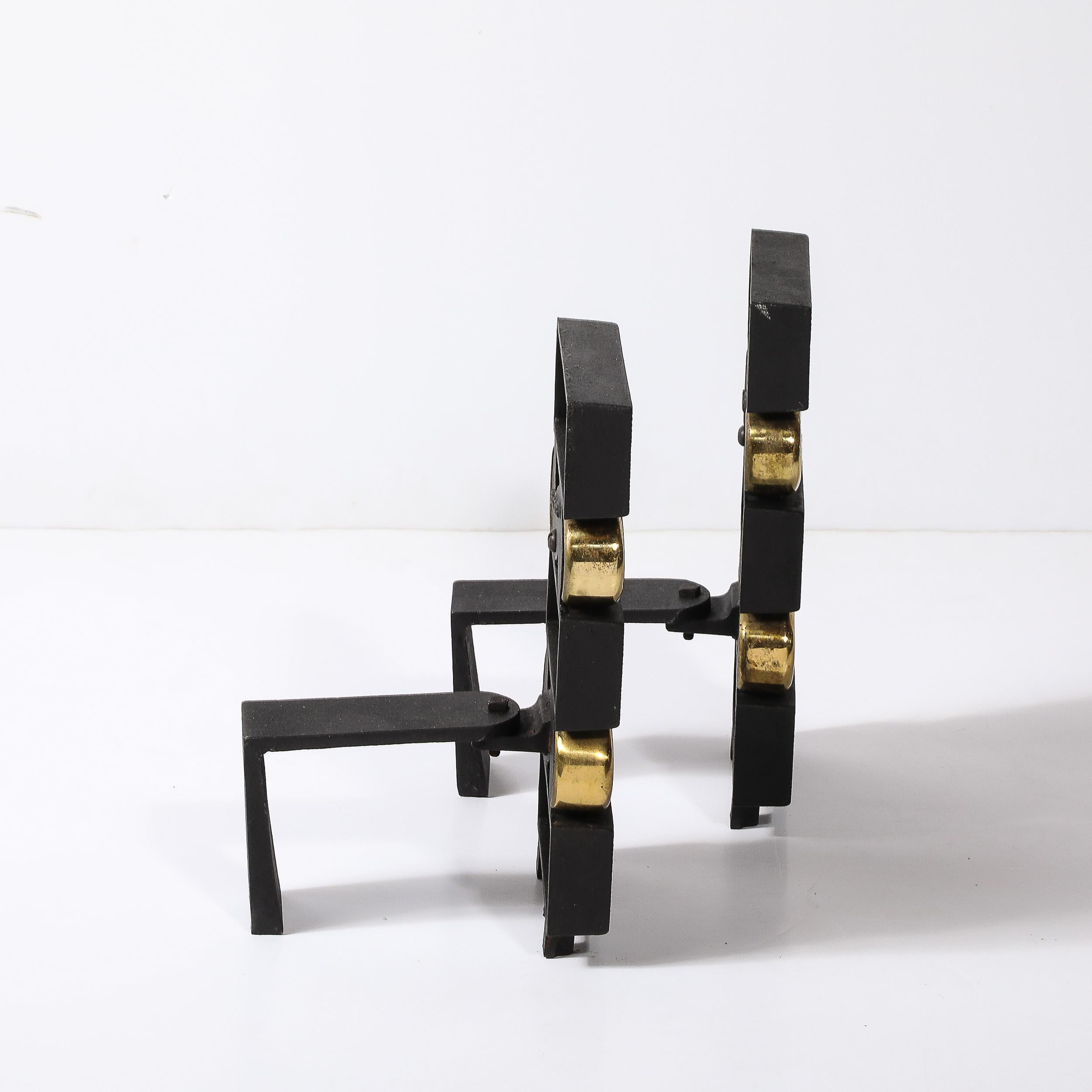 Mid-Century Brass & Bronze Stacked Scroll Andirons by Donald Deskey for Bennet For Sale 5