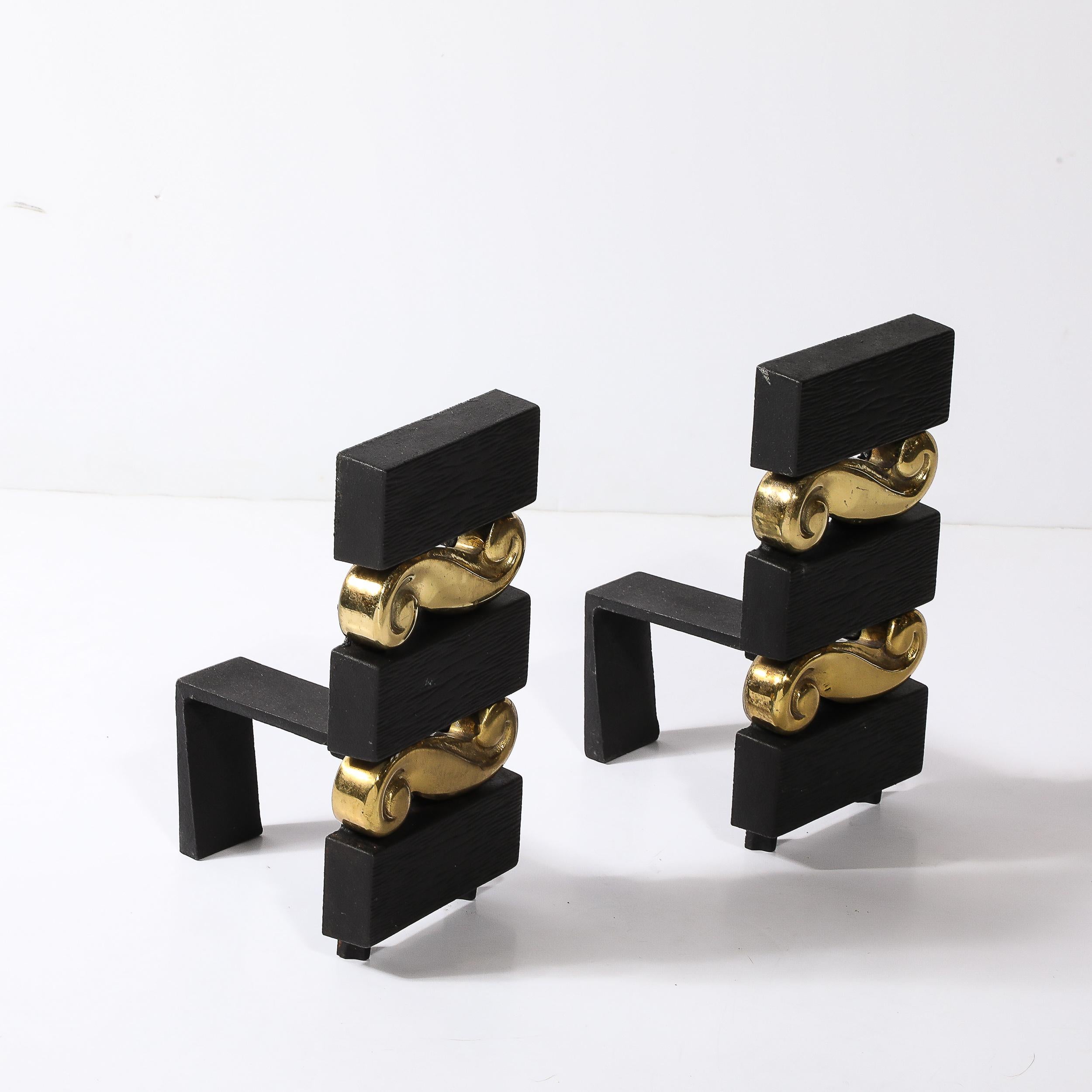 Mid-Century Modern Mid-Century Brass & Bronze Stacked Scroll Andirons by Donald Deskey for Bennet For Sale