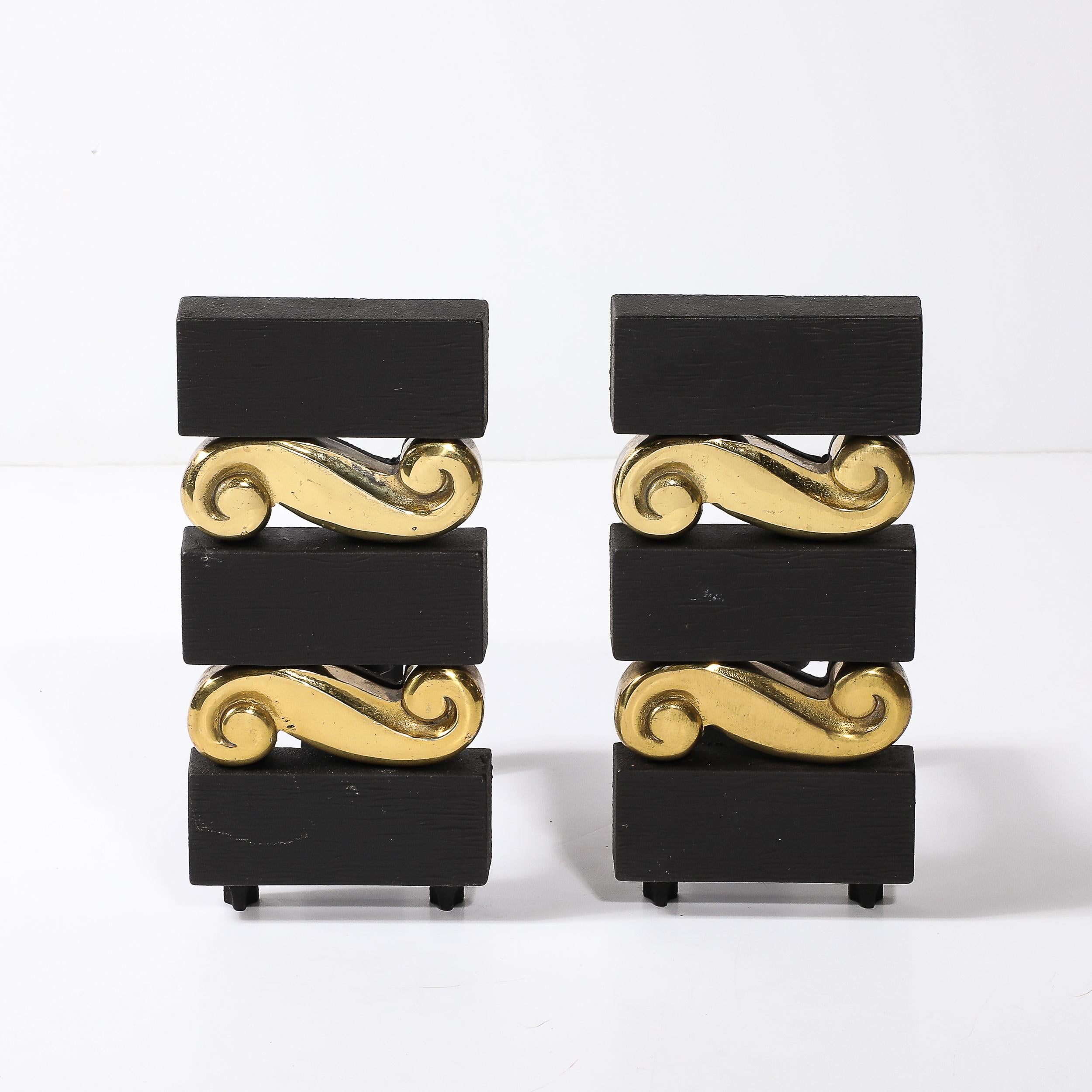 American Mid-Century Brass & Bronze Stacked Scroll Andirons by Donald Deskey for Bennet For Sale