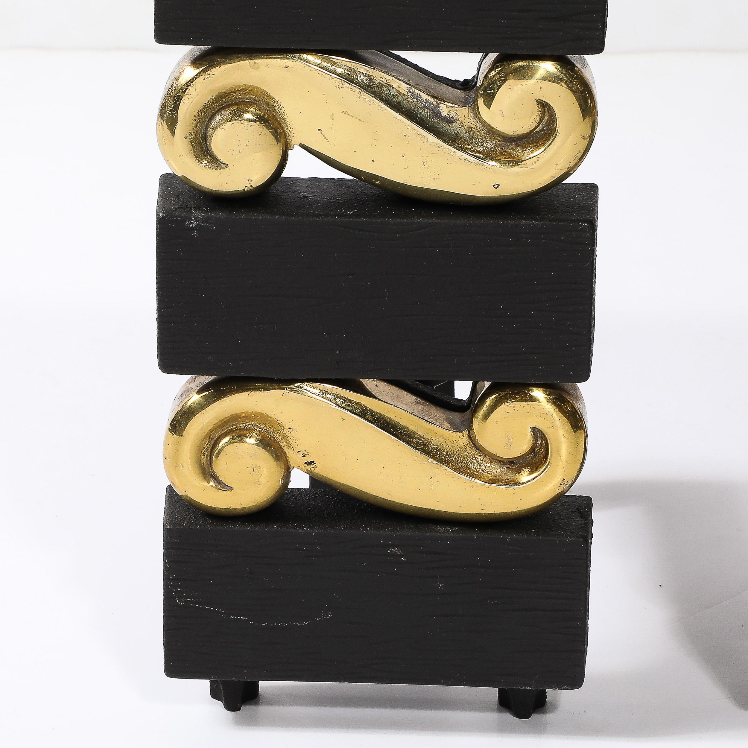 Mid-Century Brass & Bronze Stacked Scroll Andirons by Donald Deskey for Bennet In Excellent Condition For Sale In New York, NY