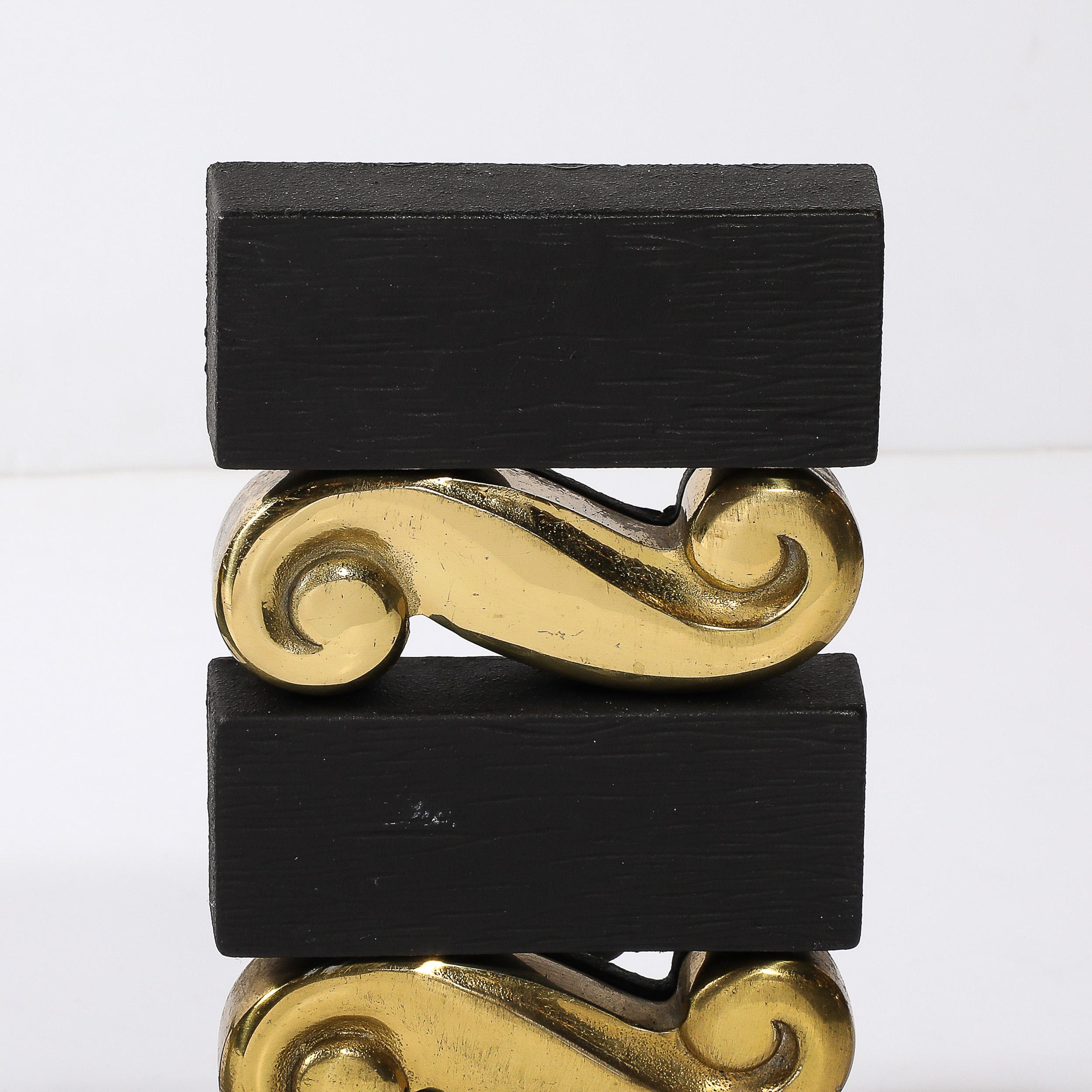 Mid-20th Century Mid-Century Brass & Bronze Stacked Scroll Andirons by Donald Deskey for Bennet For Sale