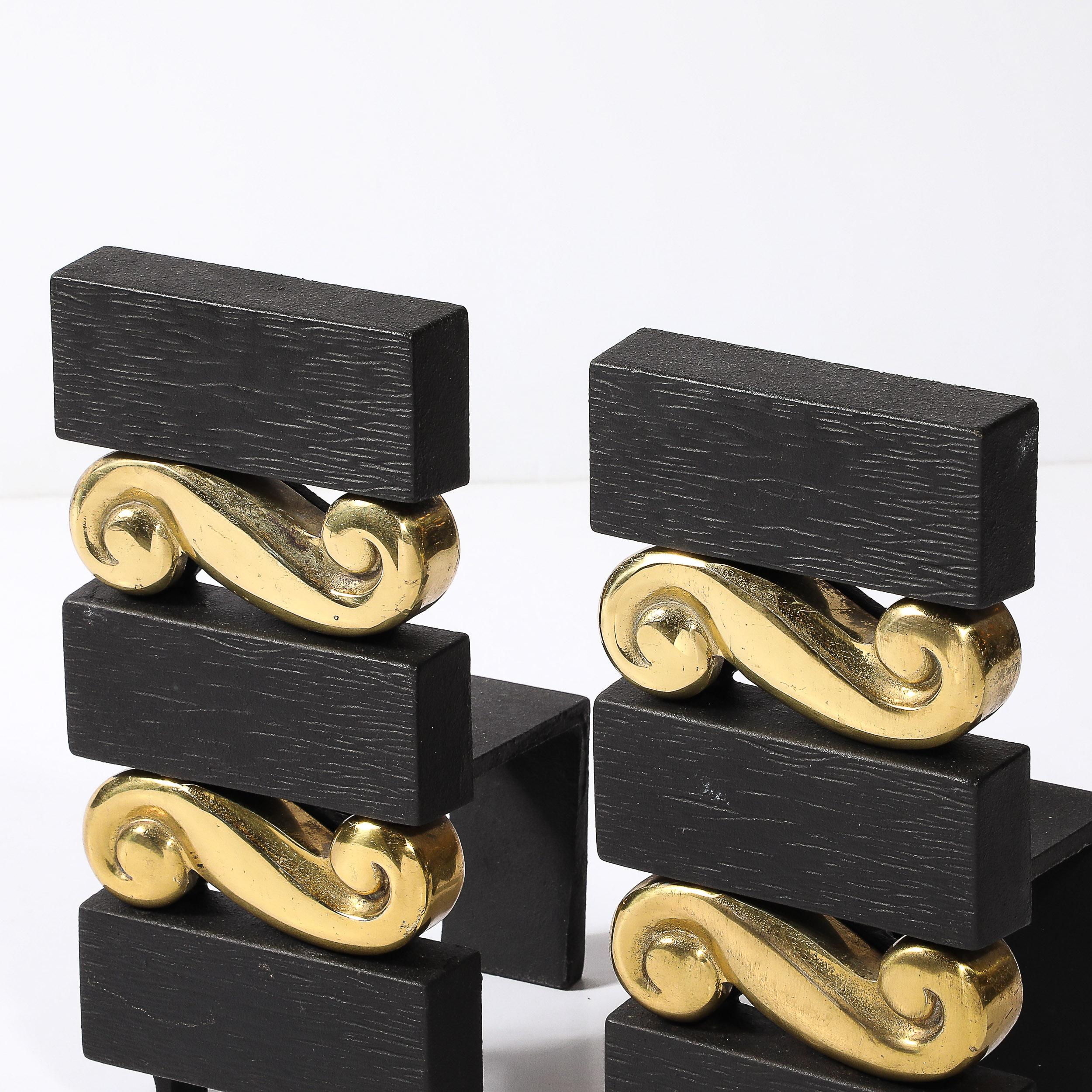 Mid-Century Brass & Bronze Stacked Scroll Andirons by Donald Deskey for Bennet For Sale 1