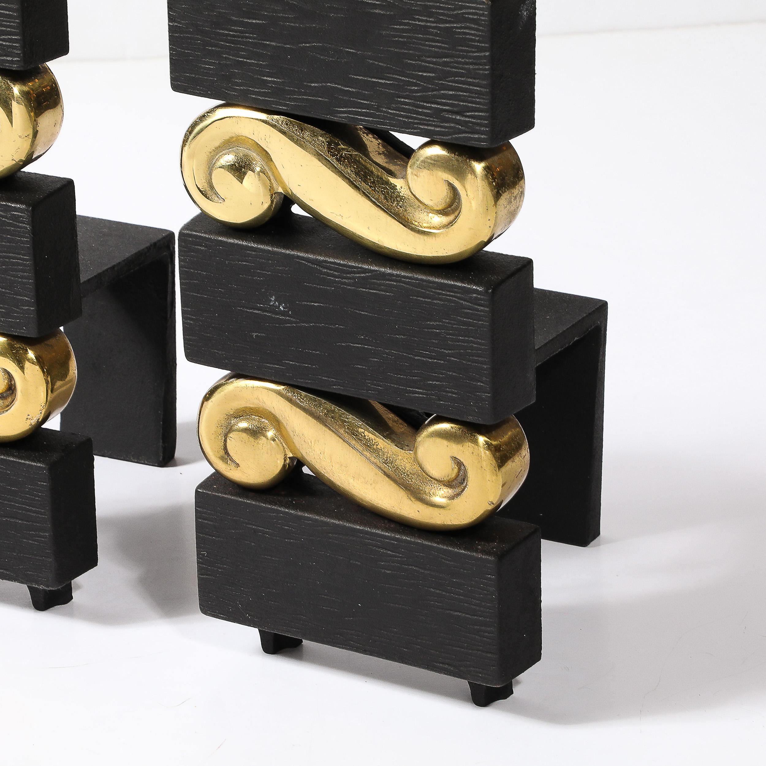 Mid-Century Brass & Bronze Stacked Scroll Andirons by Donald Deskey for Bennet For Sale 2
