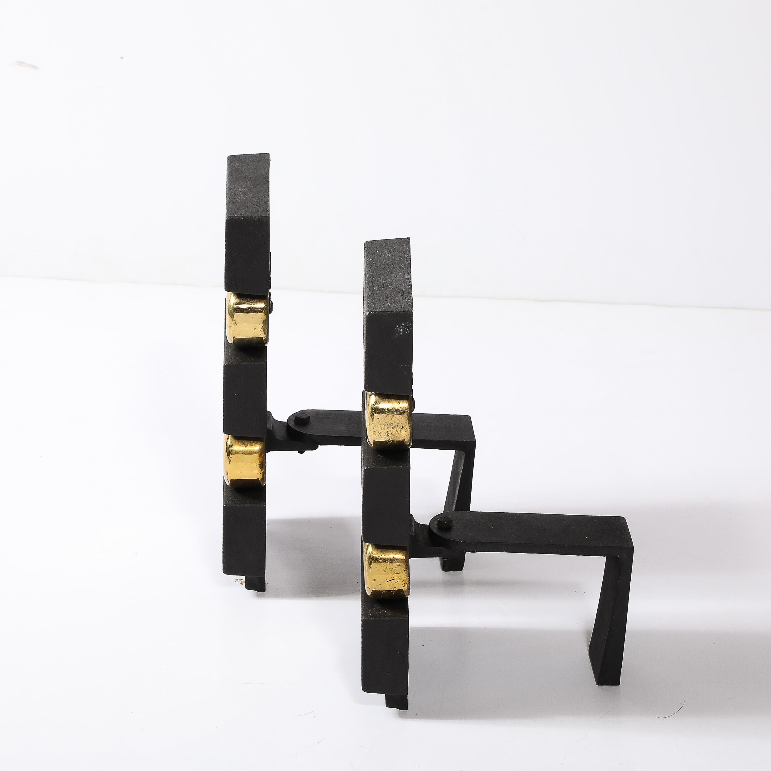 Mid-Century Brass & Bronze Stacked Scroll Andirons by Donald Deskey for Bennet For Sale 3