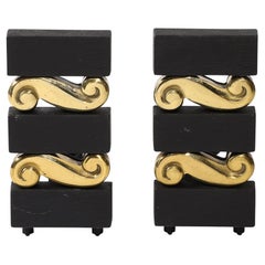 Vintage Mid-Century Brass & Bronze Stacked Scroll Andirons by Donald Deskey for Bennet