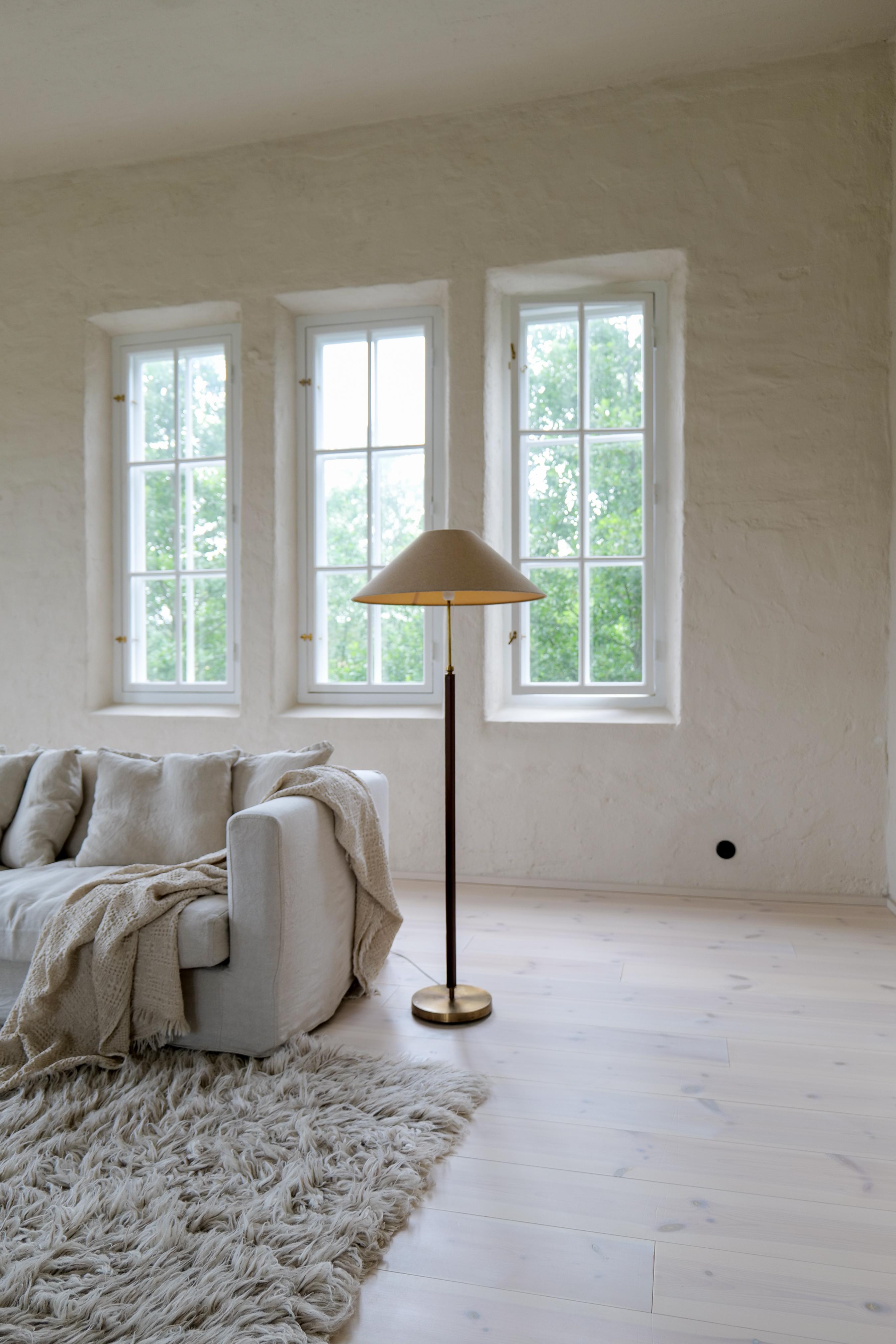 Mid-Century Modern Mid-Century Brass Brown Leather Floor Lamp Falkenbergs Belysning, Sweden, 1960s For Sale