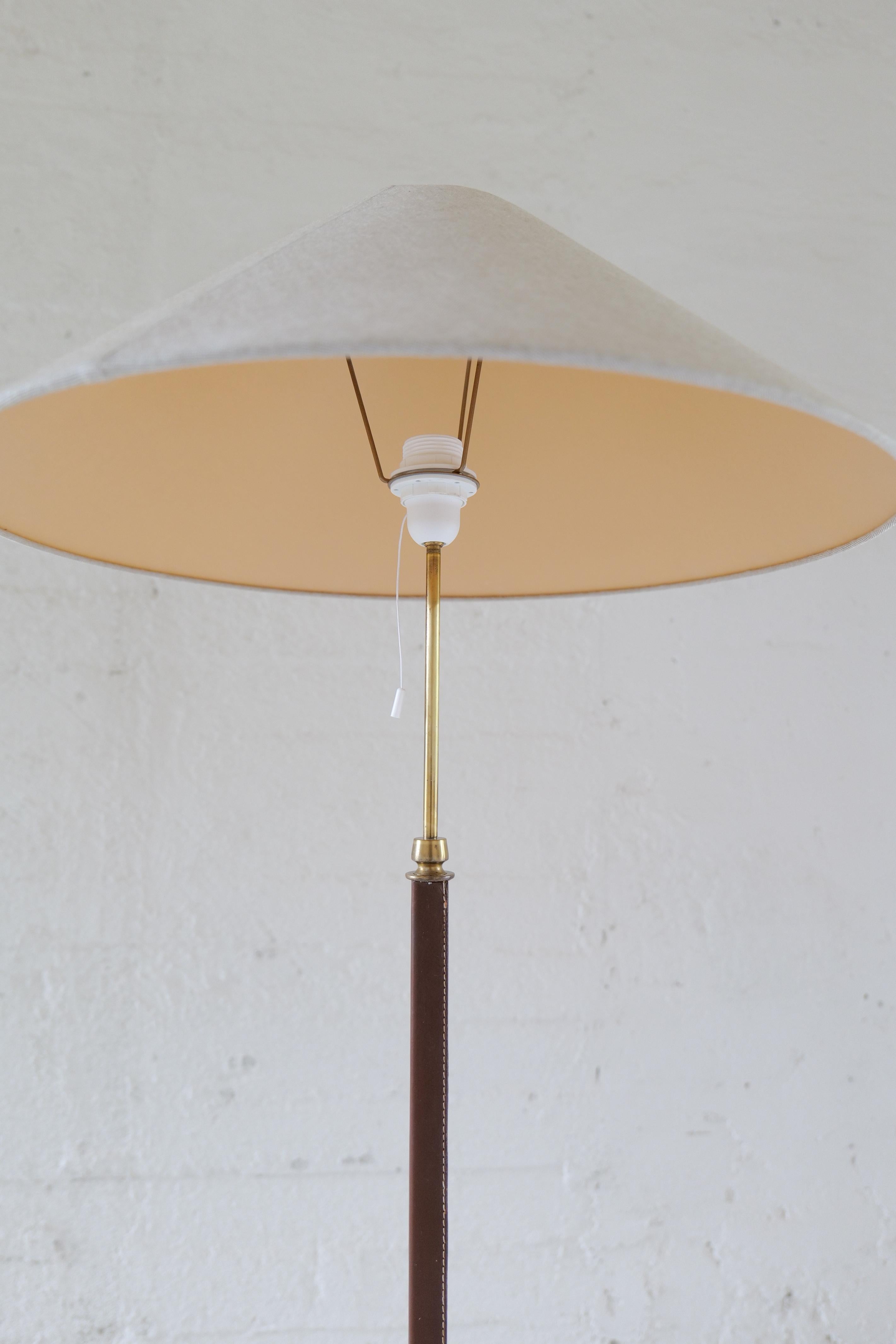 Mid-20th Century Mid-Century Brass Brown Leather Floor Lamp Falkenbergs Belysning, Sweden, 1960s For Sale